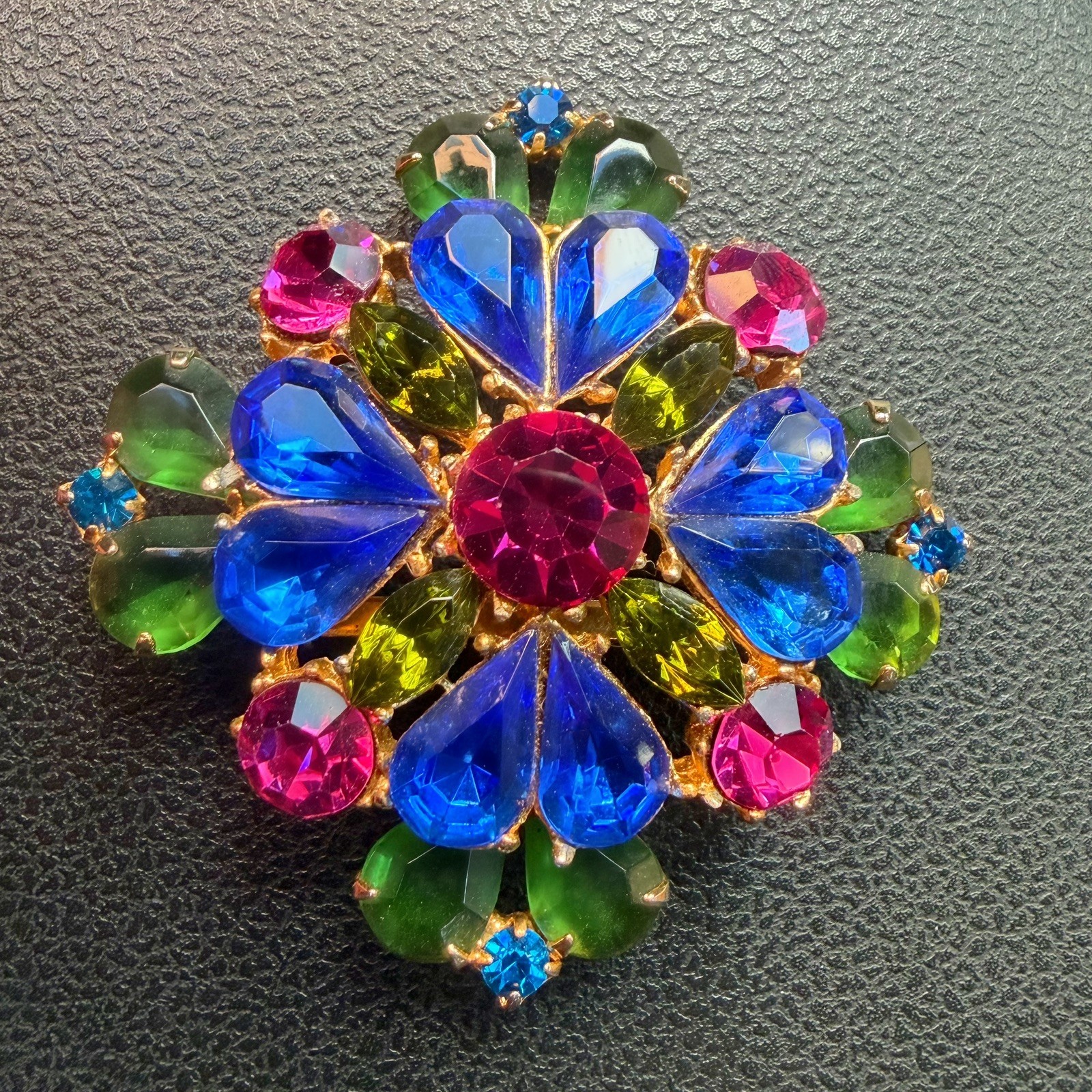 Vibrant Vintage Signed Edlee Rhinestone Maltese Cross Brooch Blue Pink Green