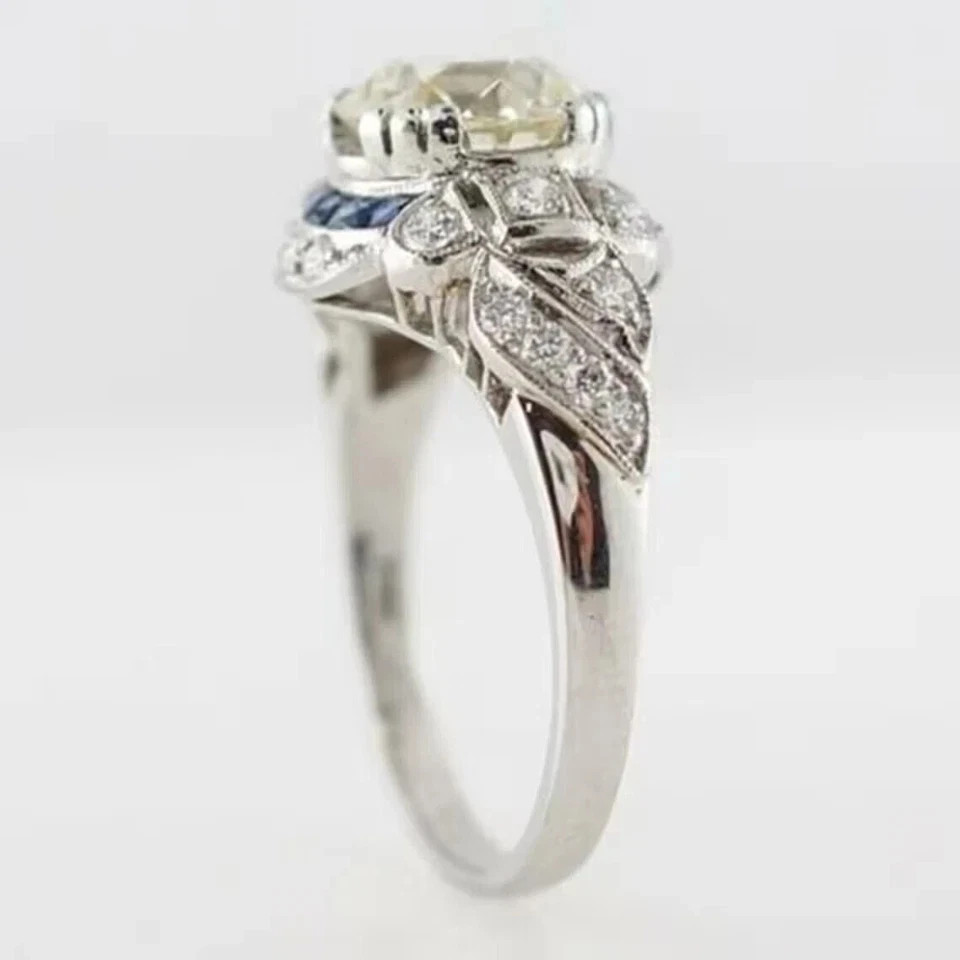 4.2Ct Art Deco Style Lab-Created Diamond Sapphire Wedding 14k White Gold FN Ring