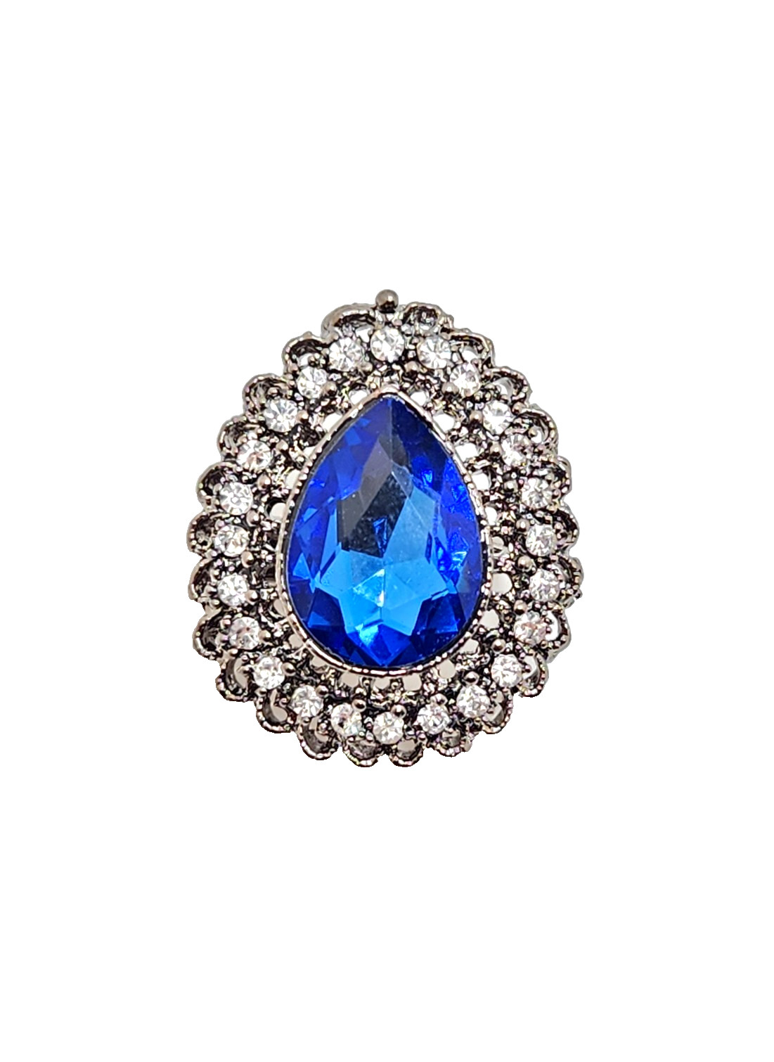 Elegant Dark Grey Metal Filigree Blue & White Rhinestone Teardrop Brooch, 1.25″