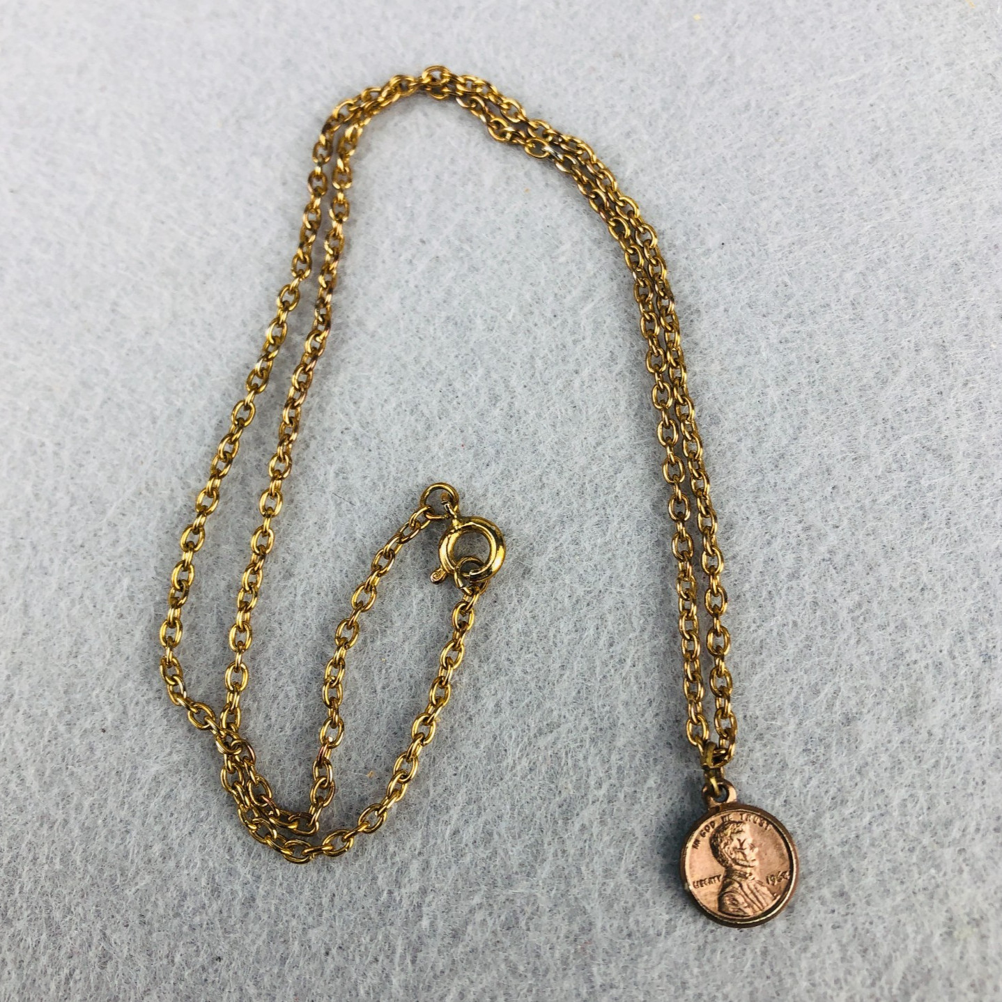 Penny Miniature 10mm Coin Charm Pendent Necklace Vintage 16″ gold tone chain