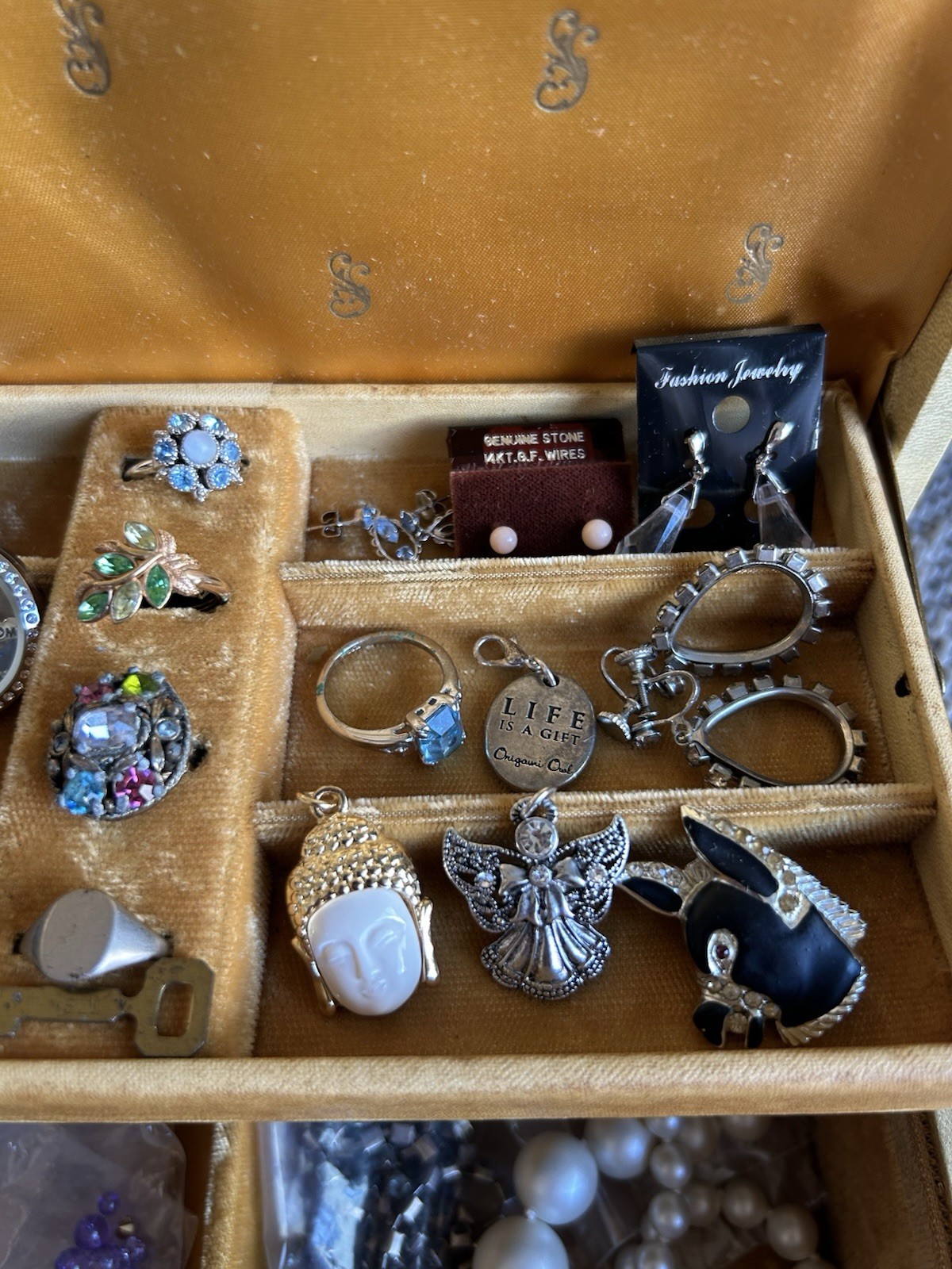 Vintage Estate Jewelry Lot & Box- Rings, Earrings, Pendants- Nice
