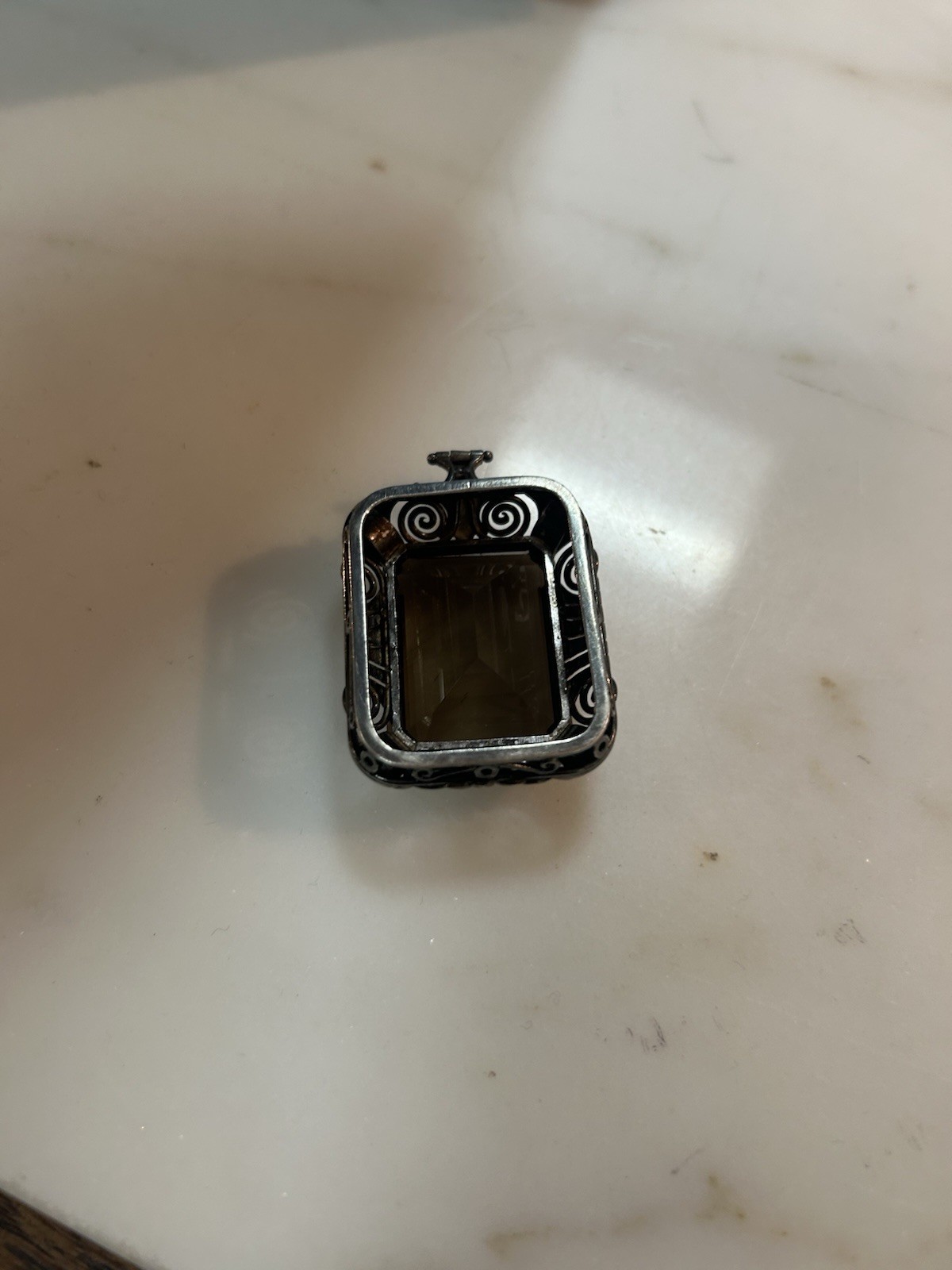 Smoky Quartz Emerald Cut Solid 835 European Sterling Silver Vintage Pendant