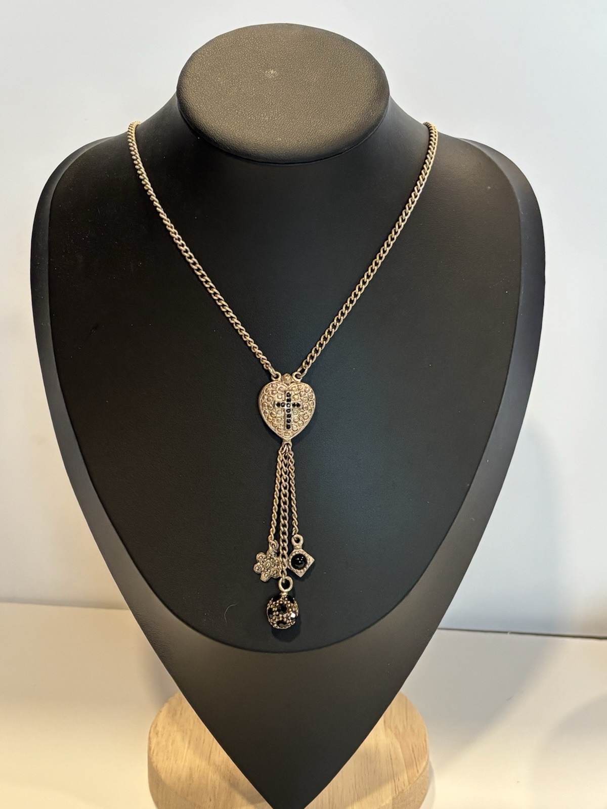 Vintage EH Pewter Heart Cross Charm Necklace Y2K Goth 16”