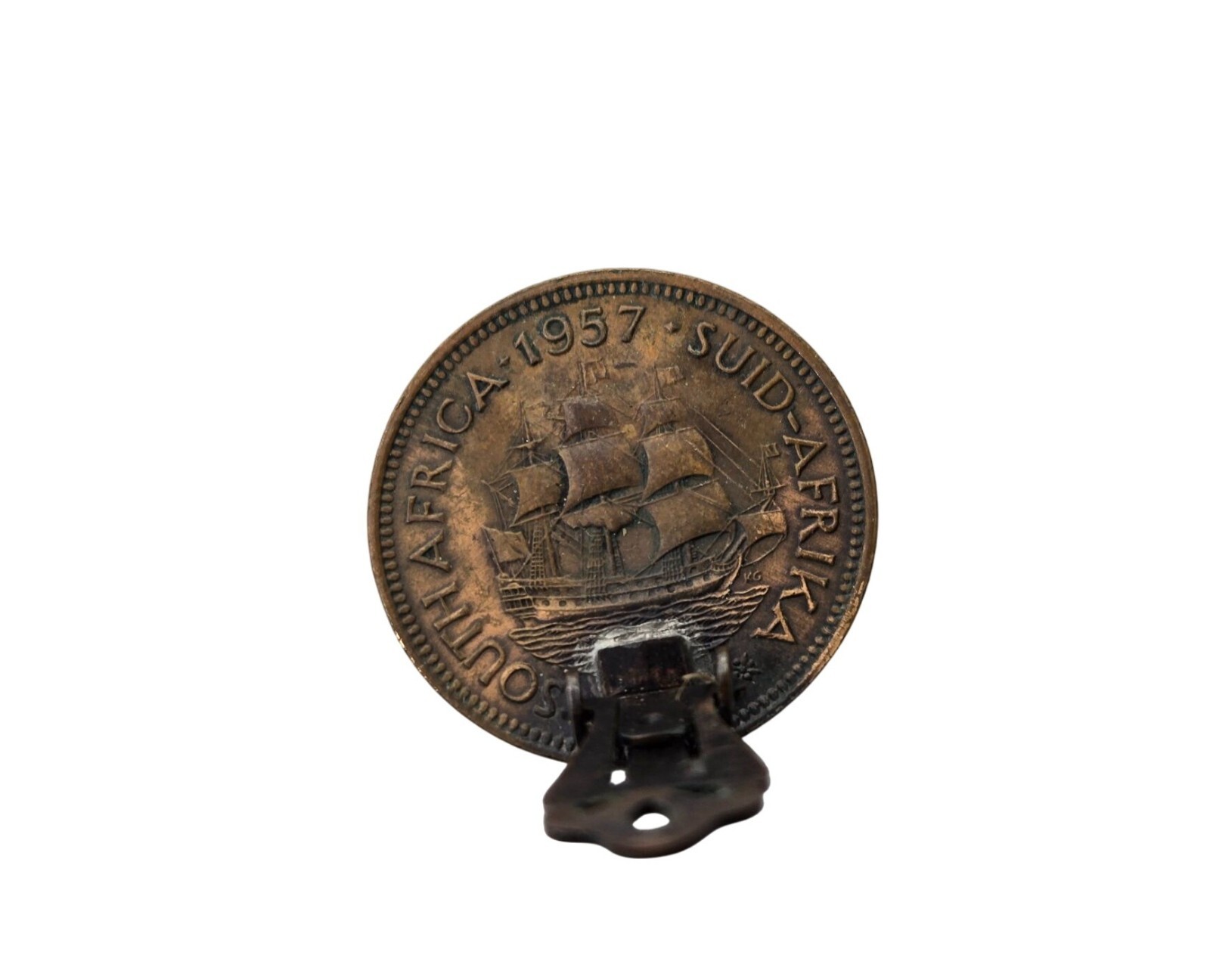 Vintage Penny Coin Clip-On Earrings Elizabeth II South Africa 1957 Patina