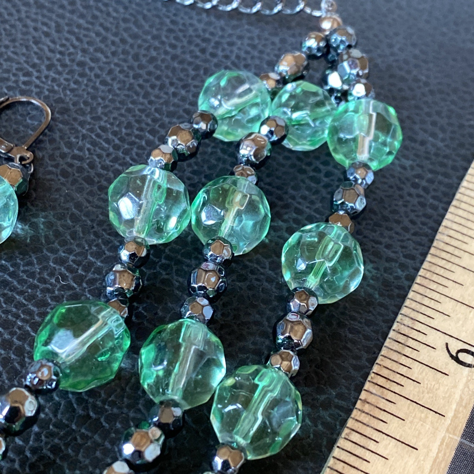 Vintage Green Glass Faceted 3 Strand Necklace w/ Matching Pair Drop Earrings Set