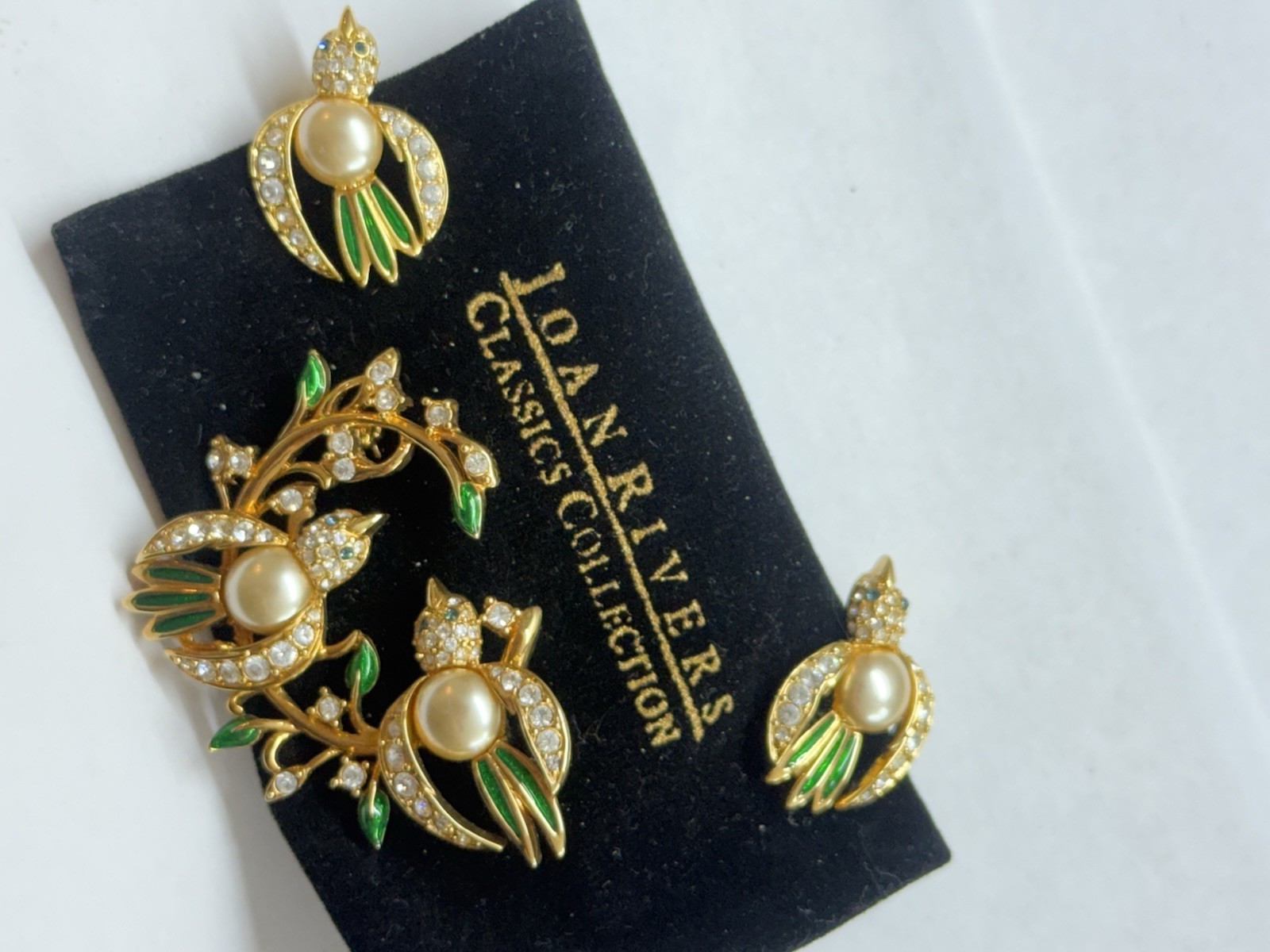 Joan Rivers Signed/2 Birds Brooch/Faux Pearls Enamel Rhinestone/Gold-Tone/Rare