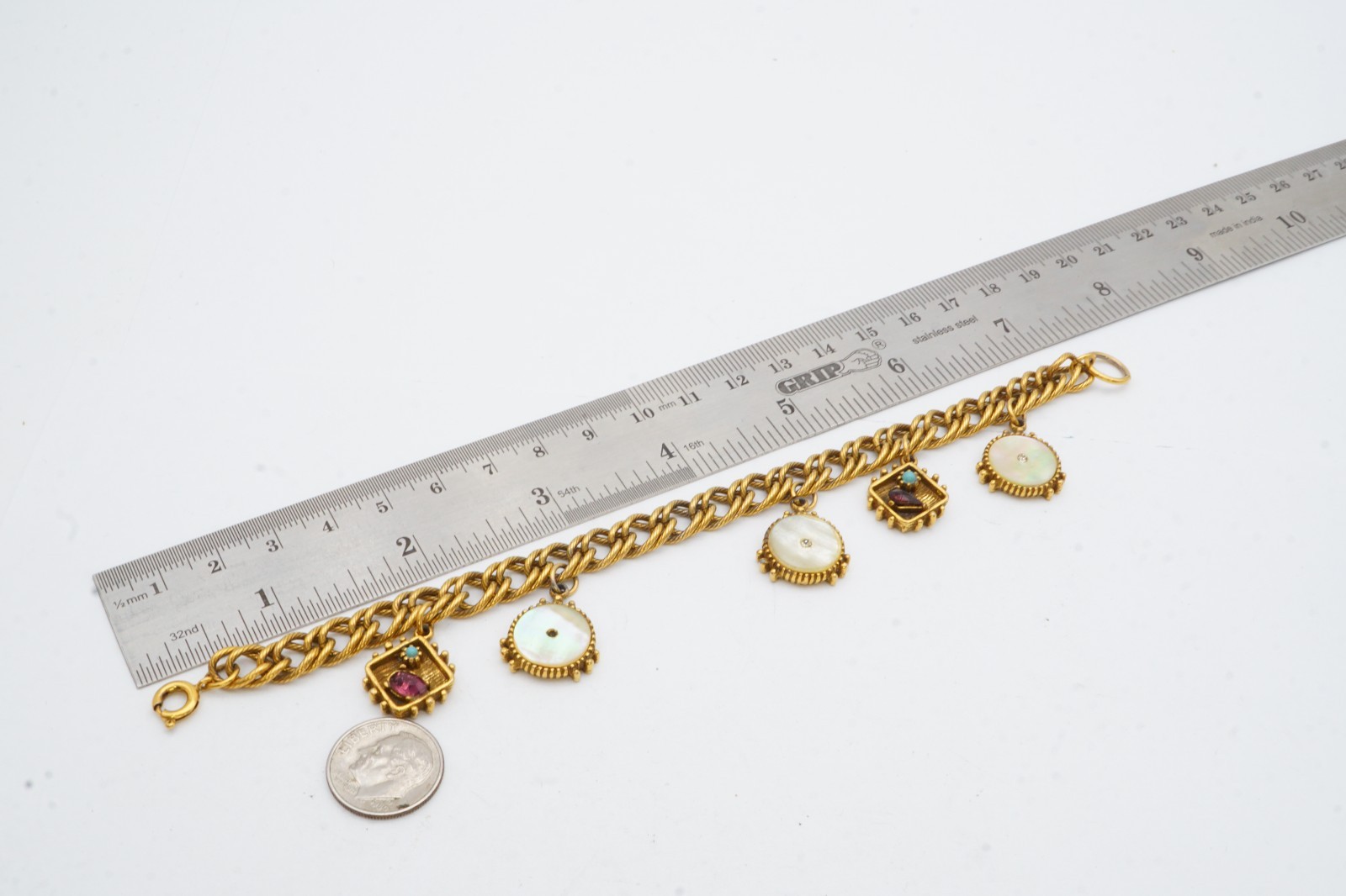 Vintage Bracelet Gold Tone Rhinestone Charm 7.5″