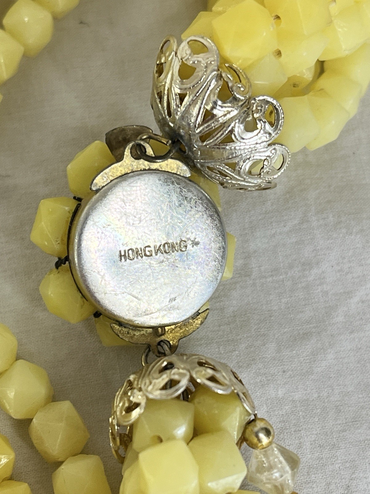 Hong Kong Yellow Beaded Necklace and Clip On Earrings Set Seven Strand Necklace