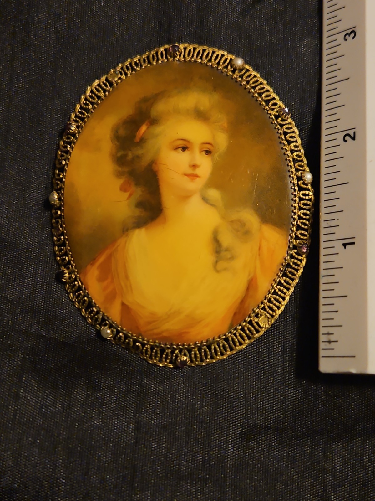 Vintage Portrait Brooch Pin Gold Tone Metal 3″ With Stones