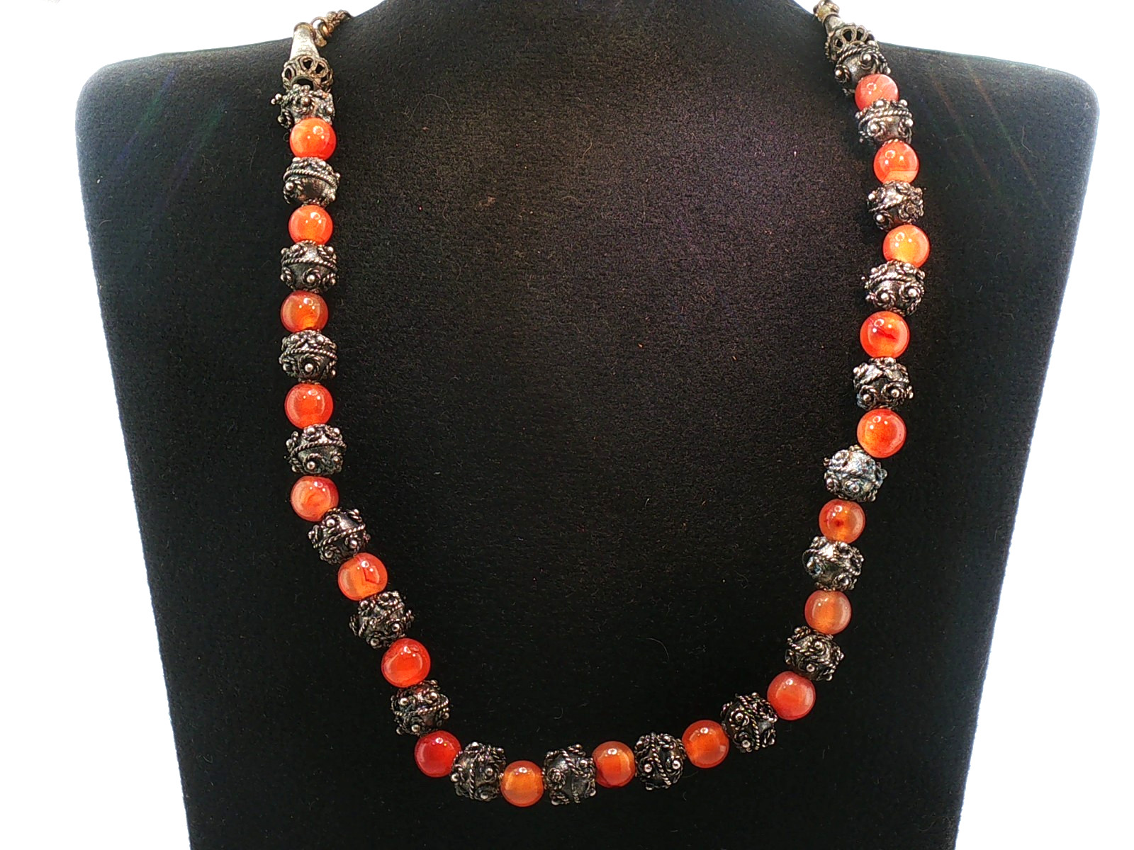 Vintage Orange Stone Bead Necklace – Ornate Metal Filigree Spacers, Boho Tribal