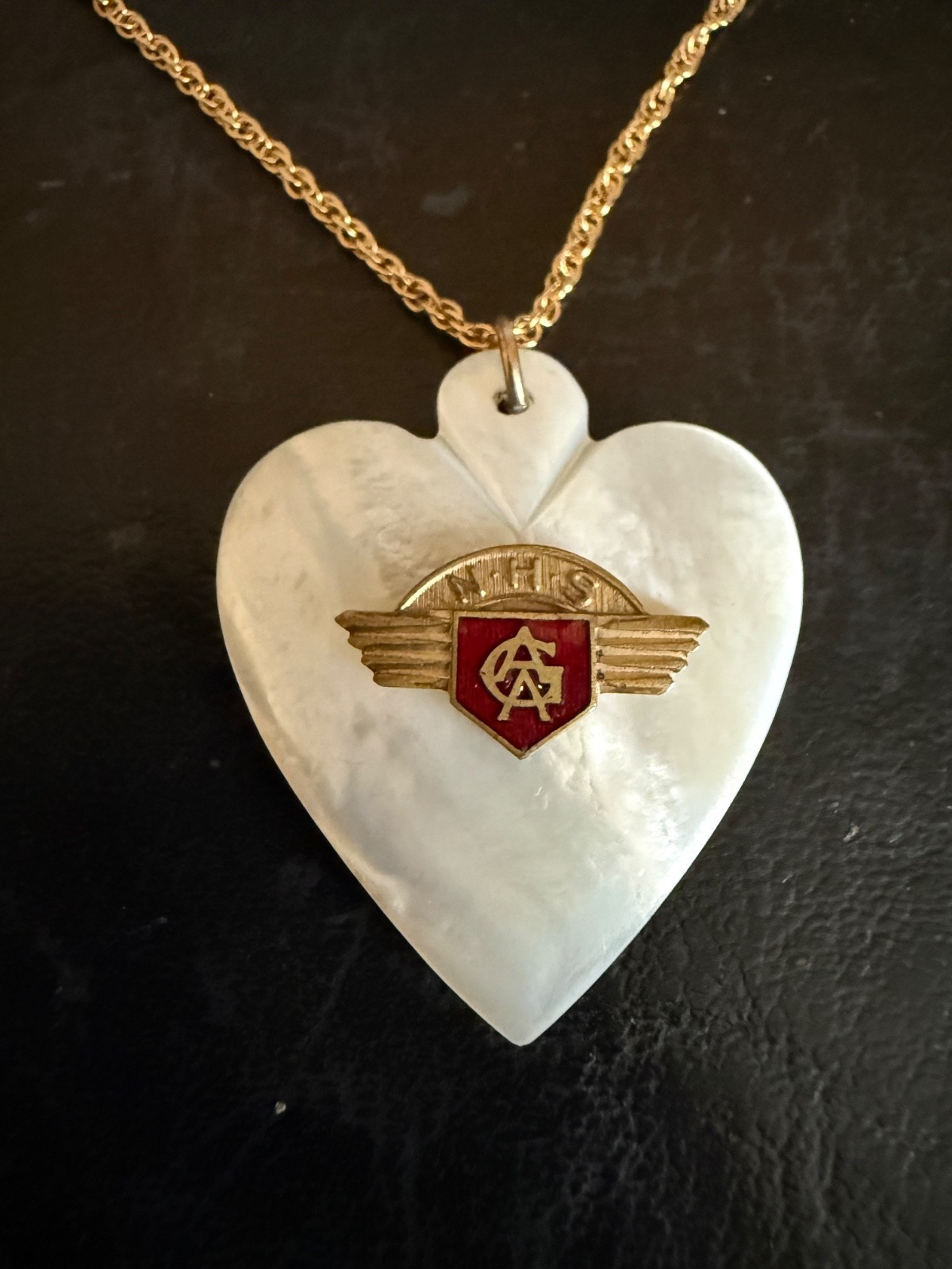 Vintage Sweetheart WW ll pendant necklace Mother of pearl Heart ‘Lu From Pat’