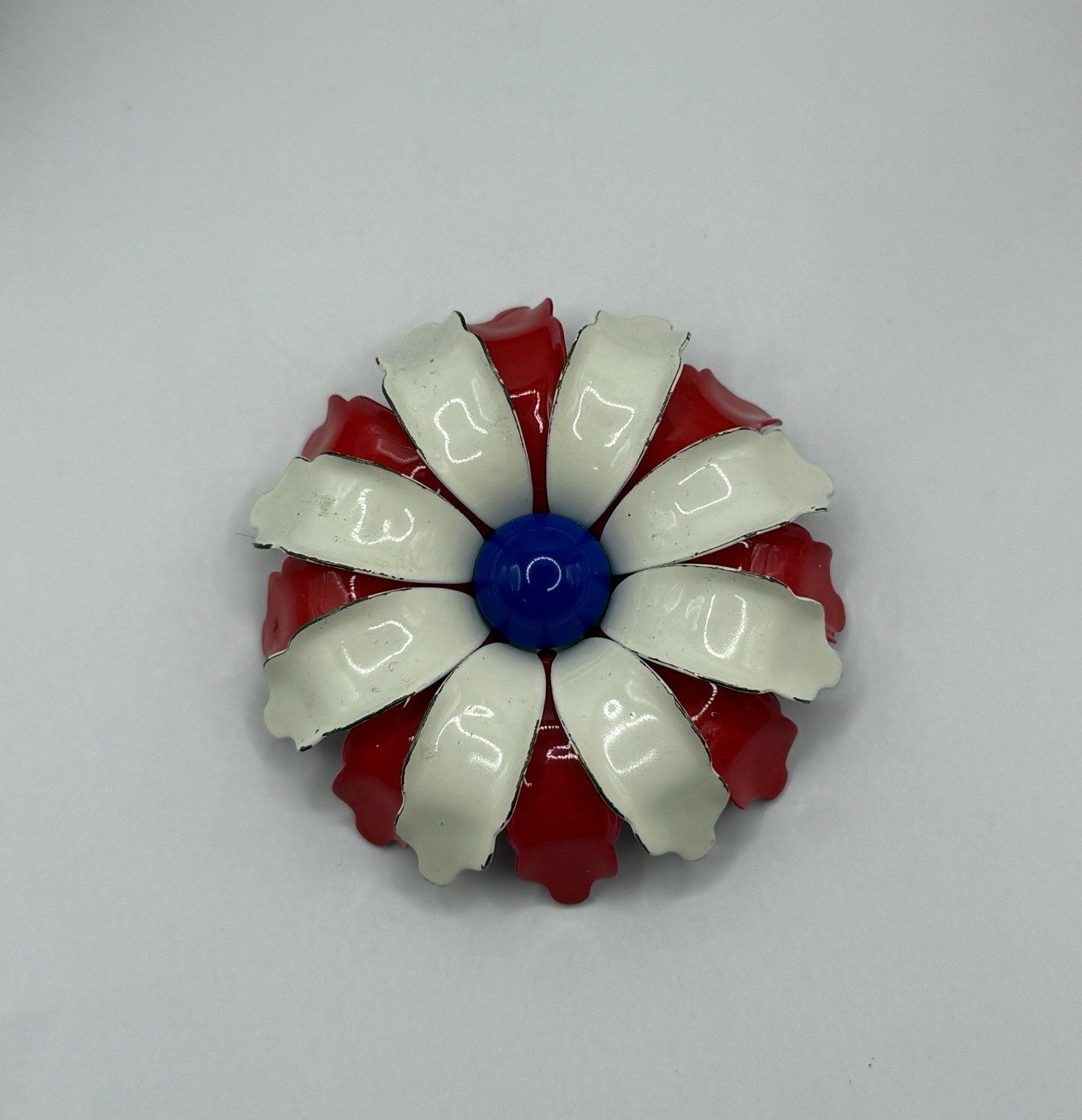 Vintage MCM Red White Blue Enamel Flower Brooch Pin Patriotic 4th Of July