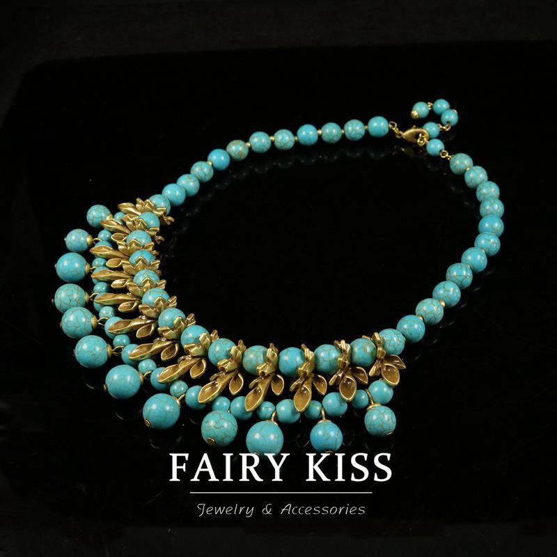 Electroplated antique gold and turquoise handmade bead necklace vintage jewelry