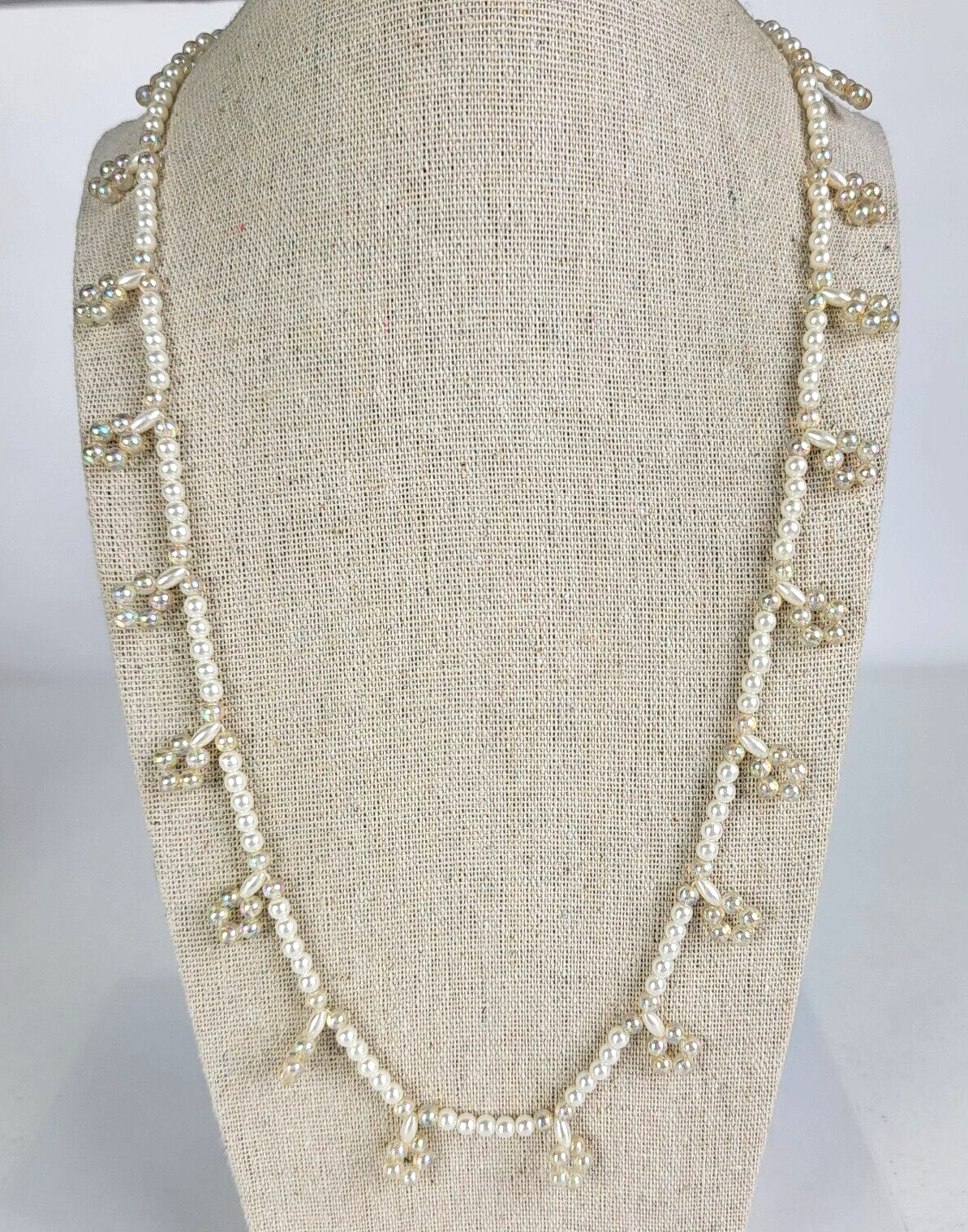 Vintage White AB Faux-Pearl Flower Charm Beaded Necklace 25 in Box Clasp