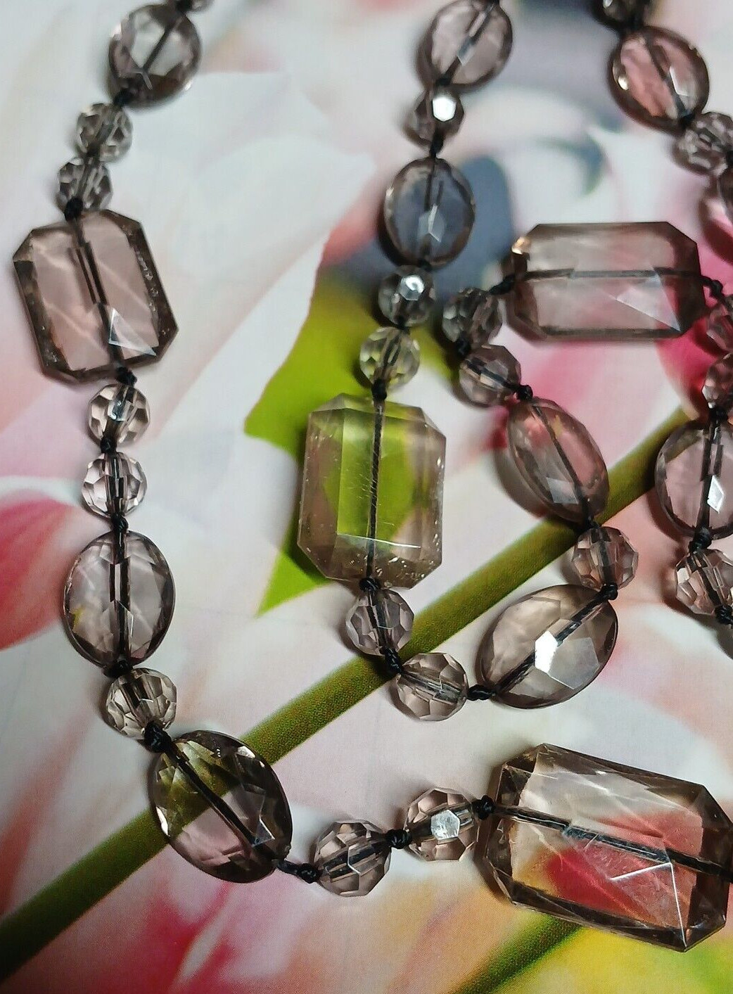 Long Light/Dusty Pink Faceted Emerald, Oval and Round Lucite Bead Necklace