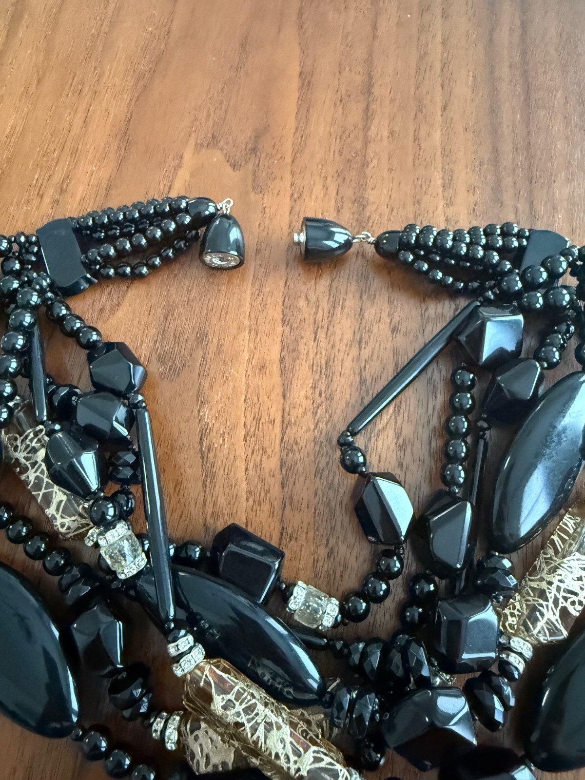 Angela Caputi Black & Clear Taupe Resin & Rhinestone Statement Necklace 21”