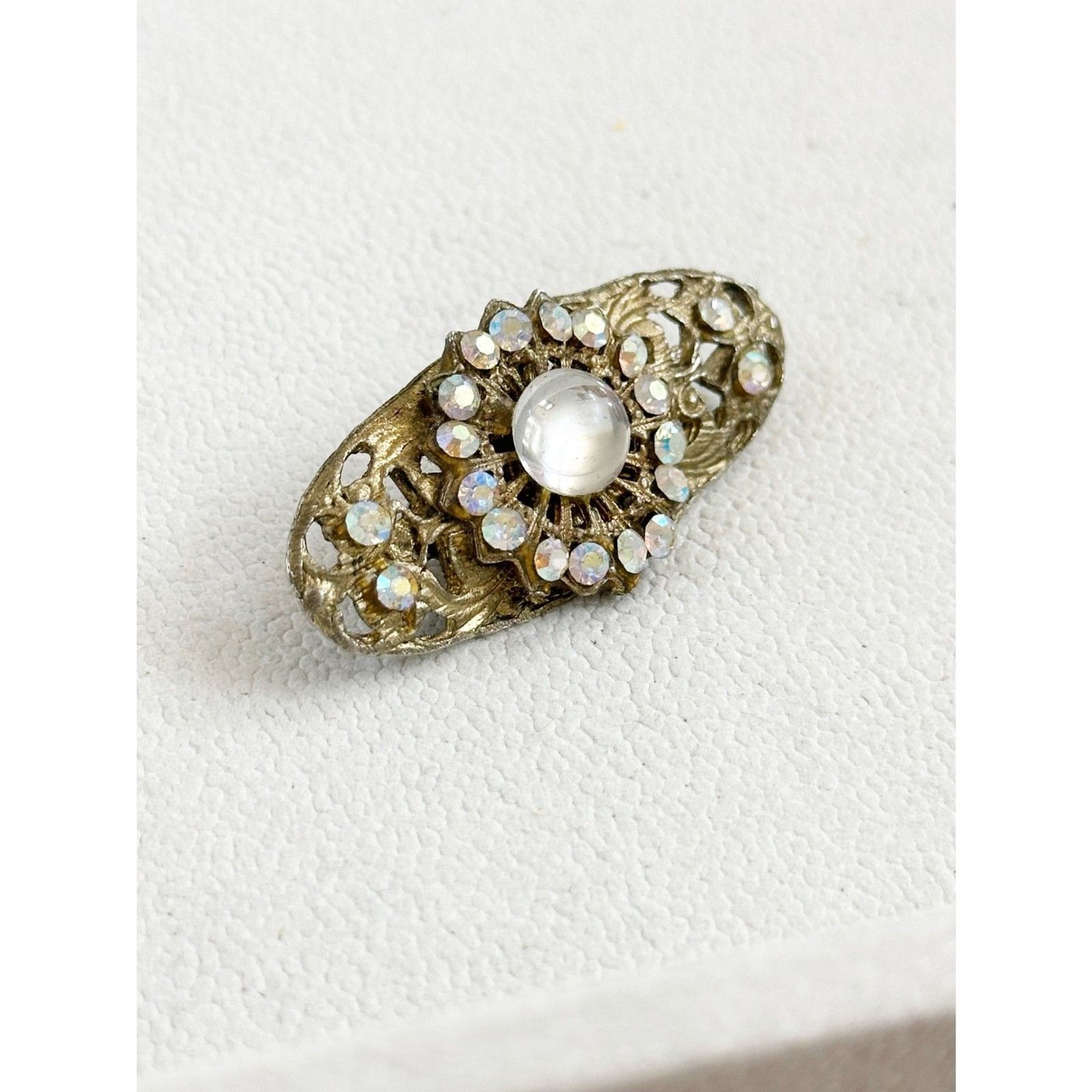 Vintage Rhinestone and Gold Tone elongated Brooch with C Clasp