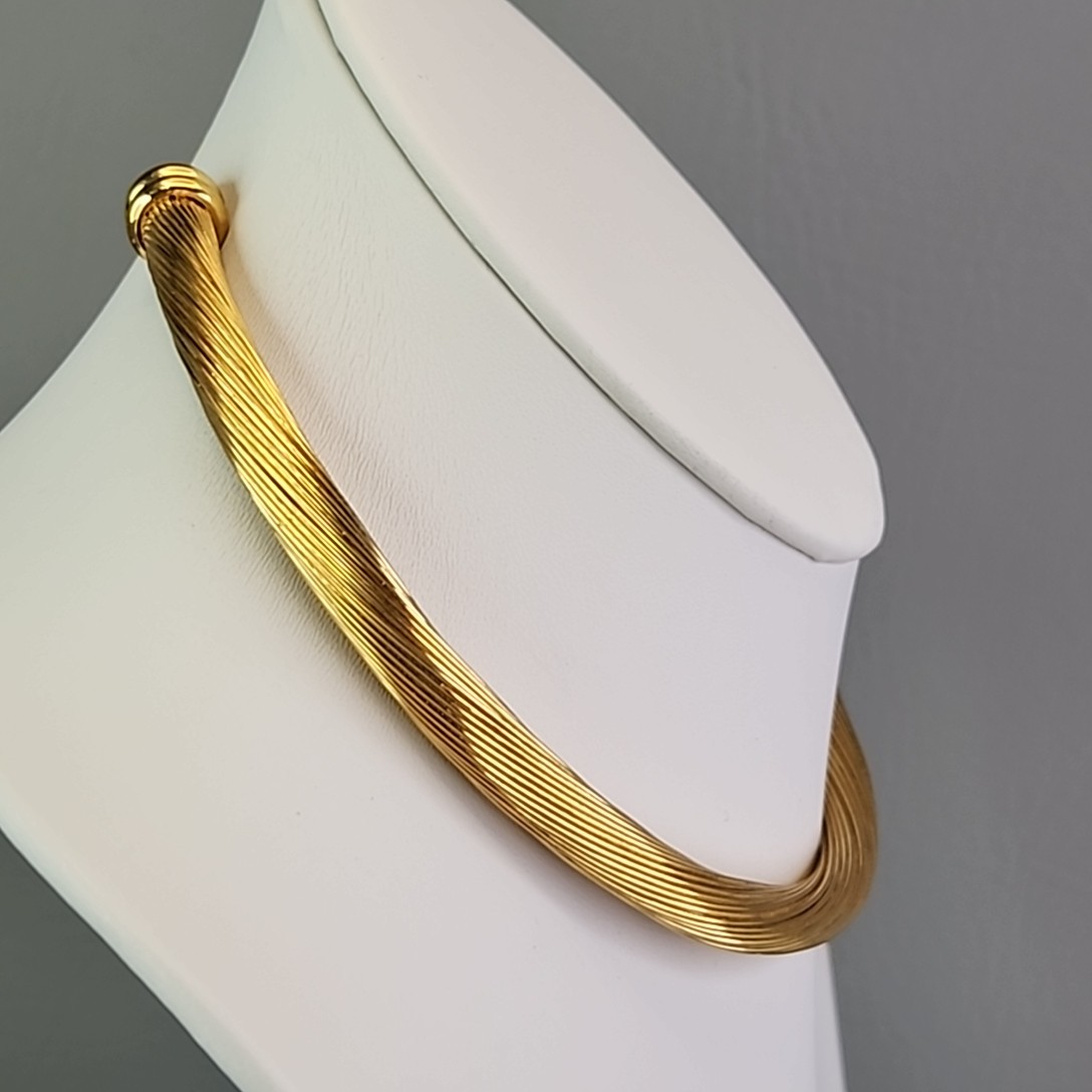 Vintage Wire Cable Torque Necklace Gold Tone Modernist Collar Rolled 14.5″
