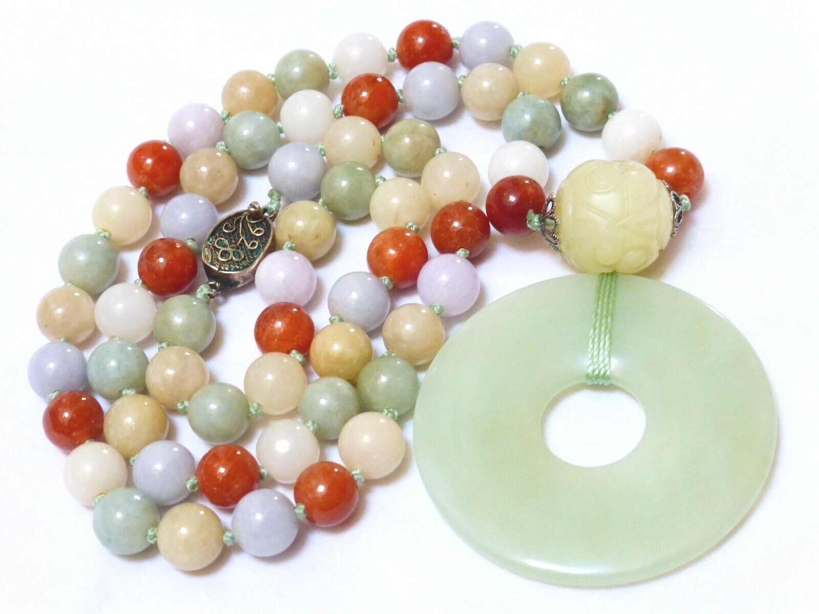 Vintage Chinese Multi-Color Jade 9mm Beads Necklace Pendant, Silver Clasp, 25″