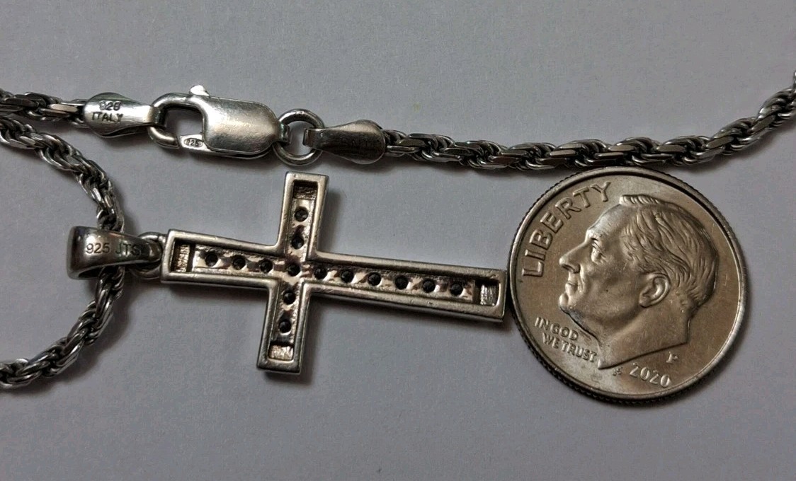 Vintage 20in Sterling Cz Cross Rope Necklace 925 Italy Silver Tested