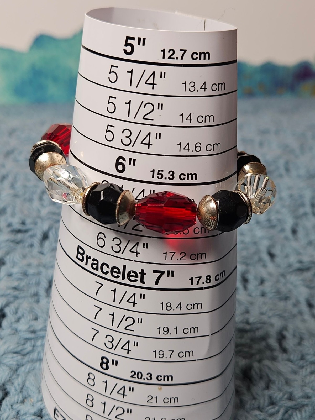 Vtg Glass Faceted Beaded Bracelet Red Black Clear Silvertone Slightly Stretchy