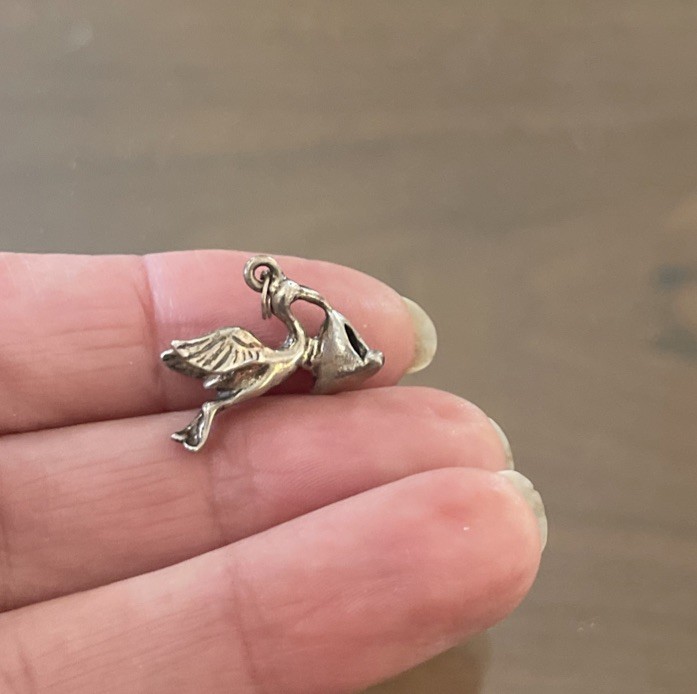 Vintage Sterling Silver Stork Carrying Baby Charm Pendant 2.9g 925 .75 Inch
