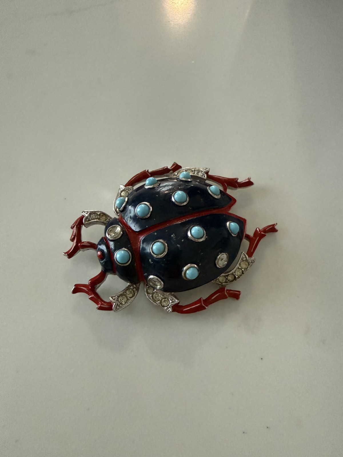 Trifari ‘Alfred Philippe’ Pave Navy Enamel/Turquoise Cabochons Ladybug Pin Clip