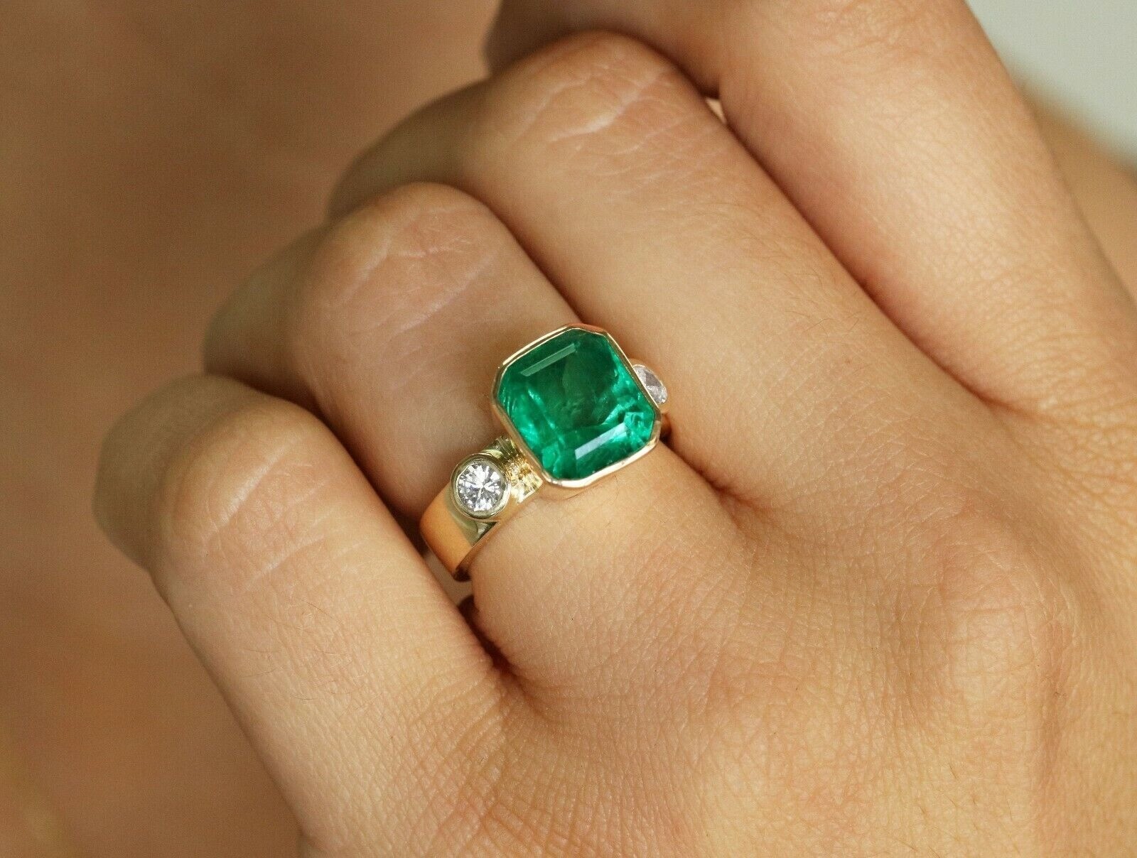 Art Deco 4.60 Ct Natural Green Emerald Vintage Style Ring 14K Yellow Gold Over