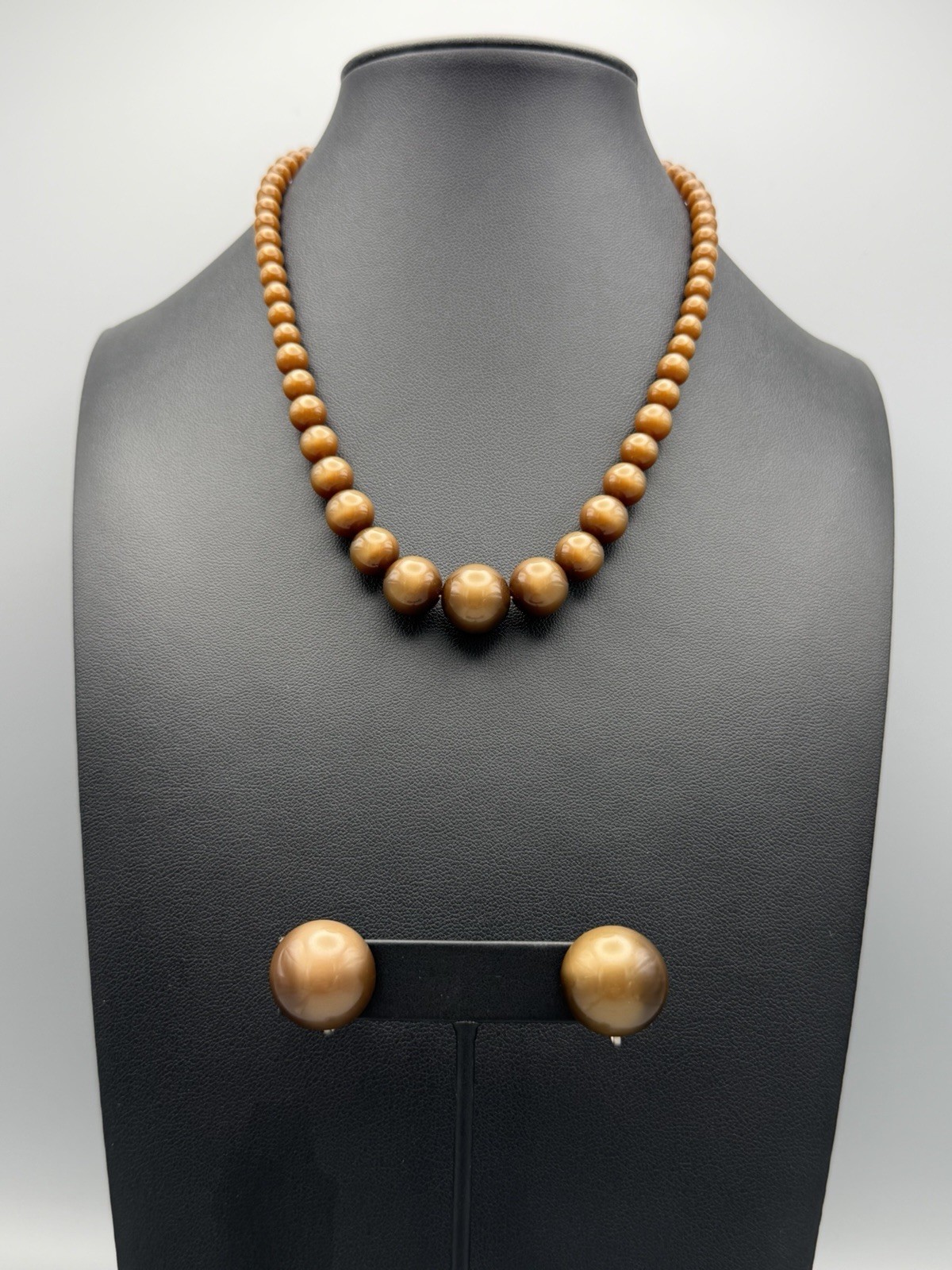 Vintage Brown Moonglow Lucite Bead Necklace & Matching Screw-On Earrings Set
