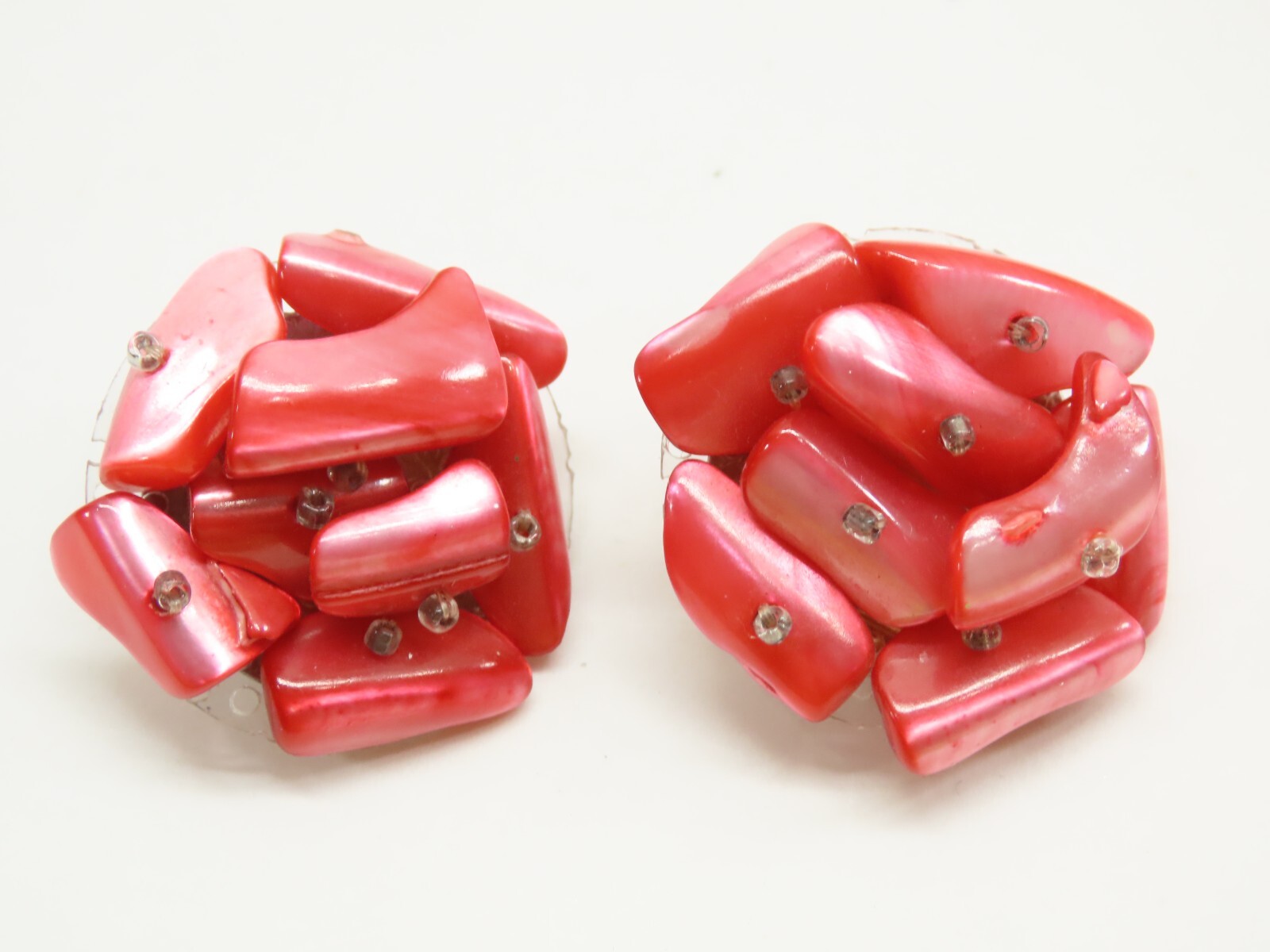 VTG Earrings Cluster Bead Clip On Some Japan Faux Pearl Lucite Plastic + D2542