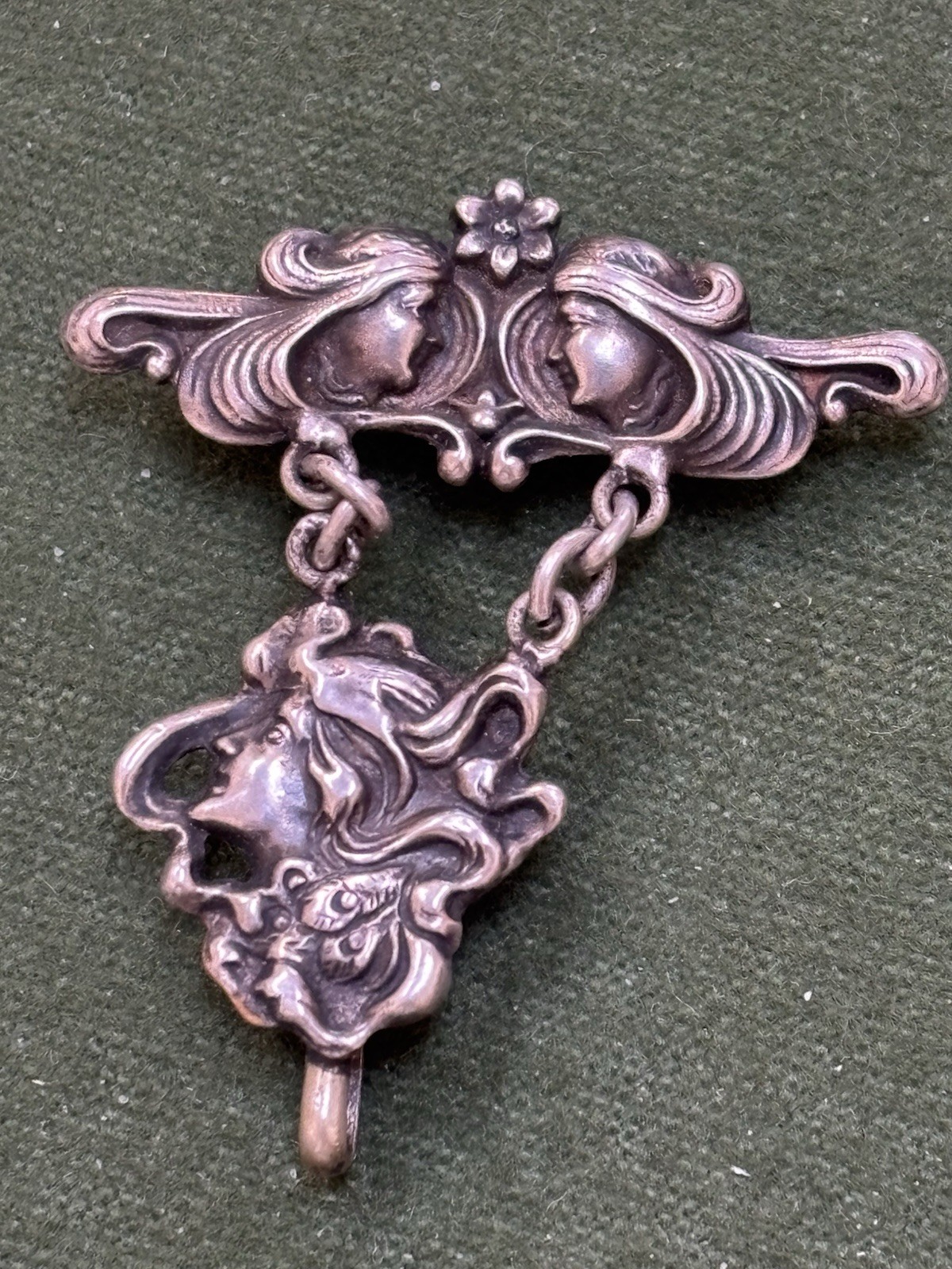 ART NOUVEAU 2-PC STERLING TOP WATCH PIN LOCKET HOLDER UNGER-STYLE PEACOCK LADY