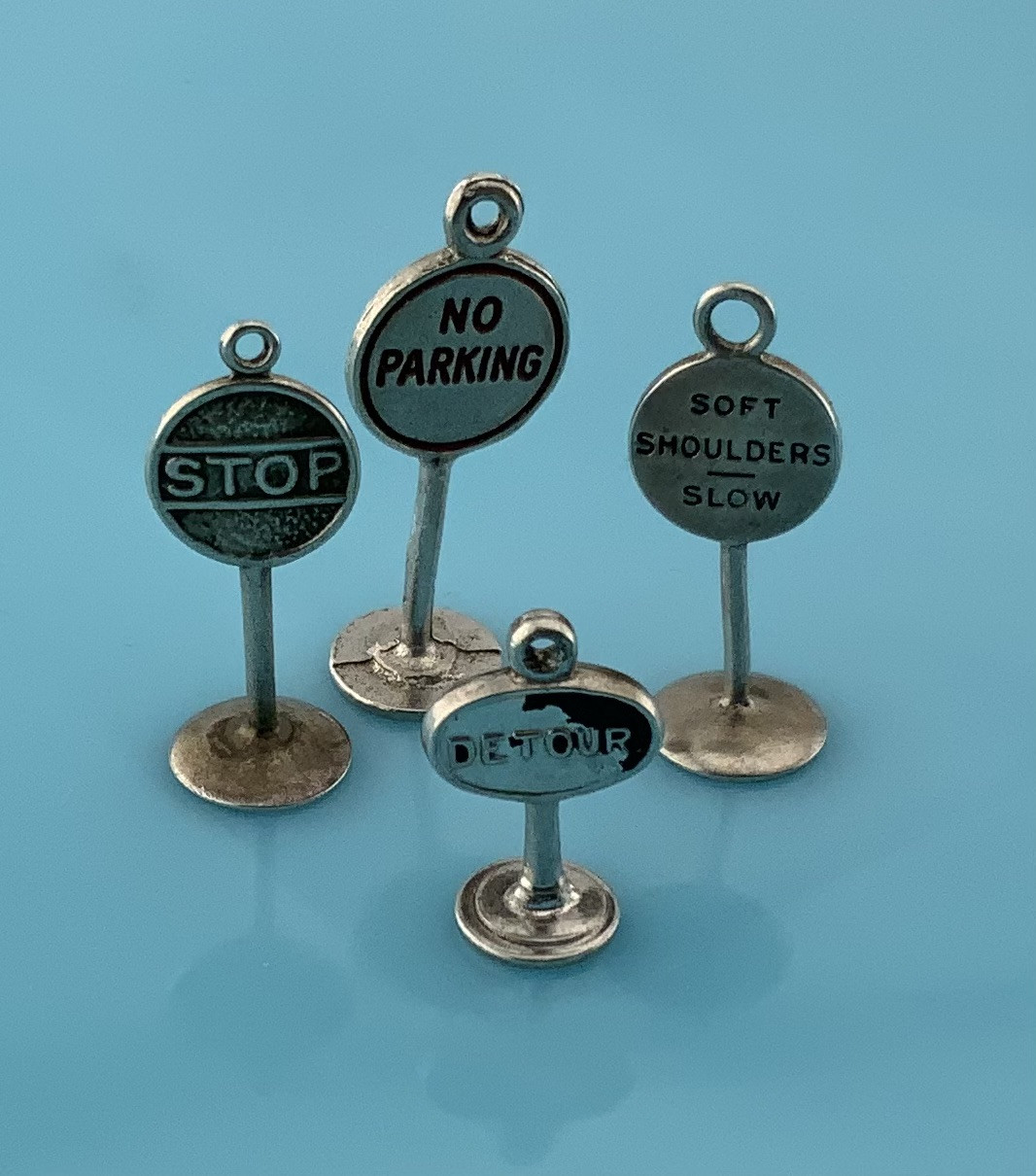 Vintage Sterling Silver Double Sided Stop Enamel Detour Street Sign Charms 4