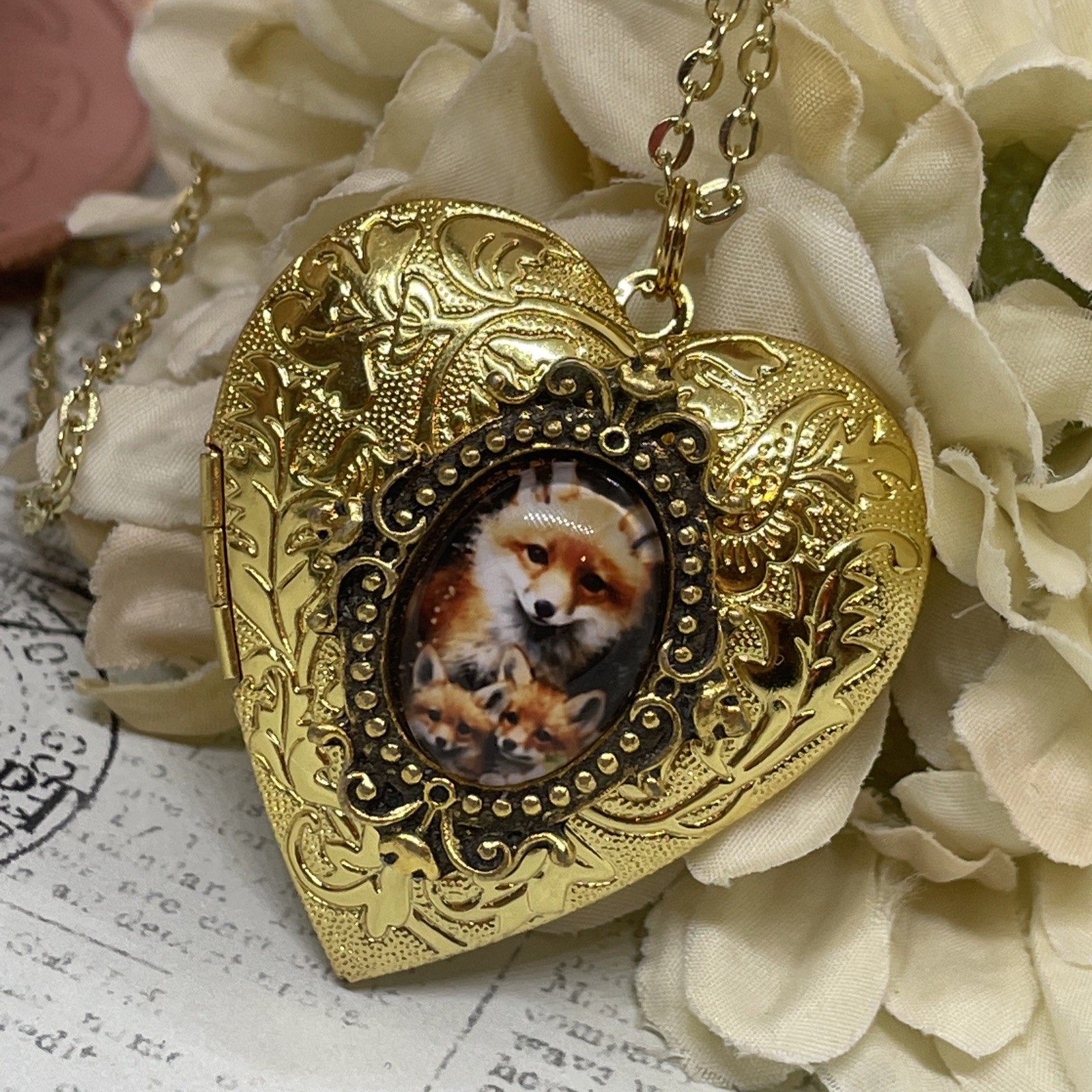 Gold Heart Locket Photo Kit Birthday Anniversary Wedding Fox Mom Baby Necklace