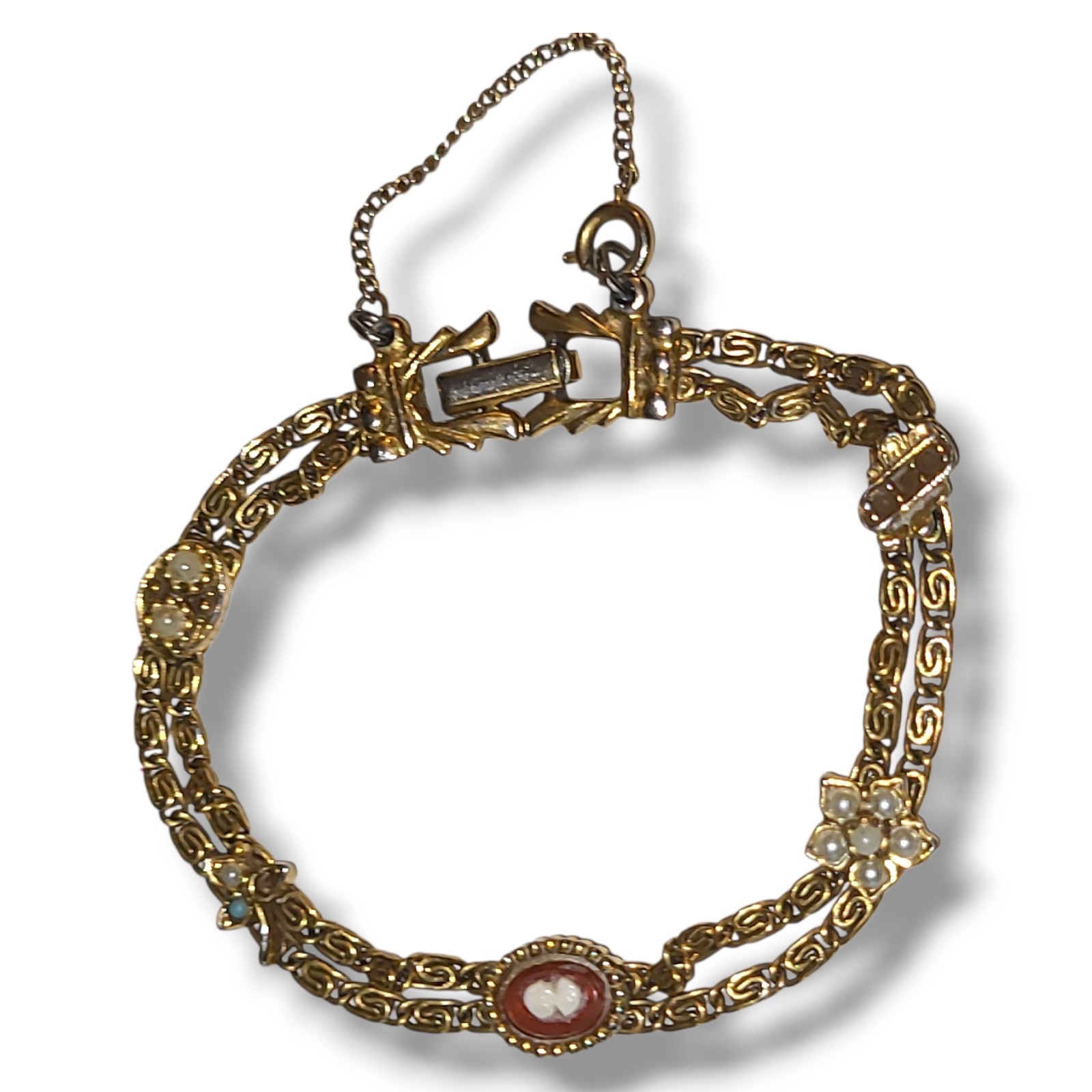 Vintage Goldette NY Cameo Charm Bracelet Double Chain Faux Pearl 7.25″