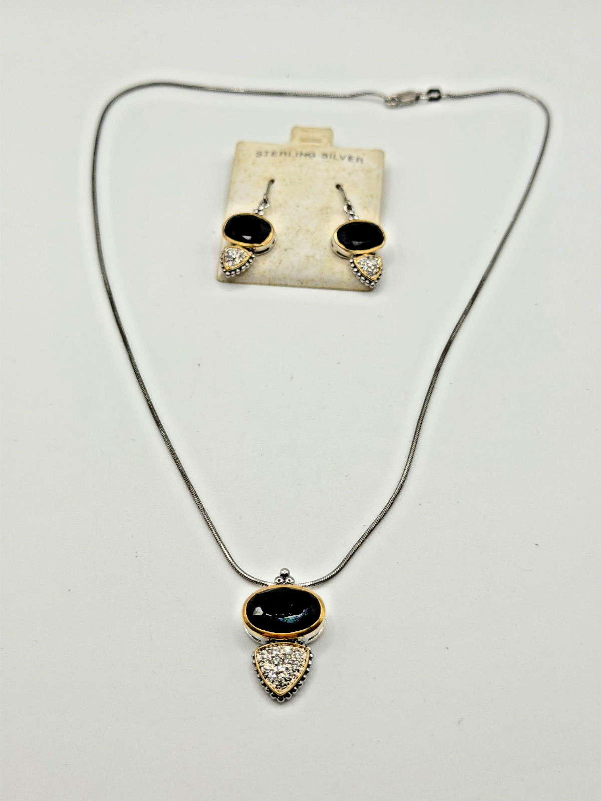 ART DECO 925 STERLING SILVER RHINESTONES CRYSTALS OVAL PENDANT VINTAGE 18″