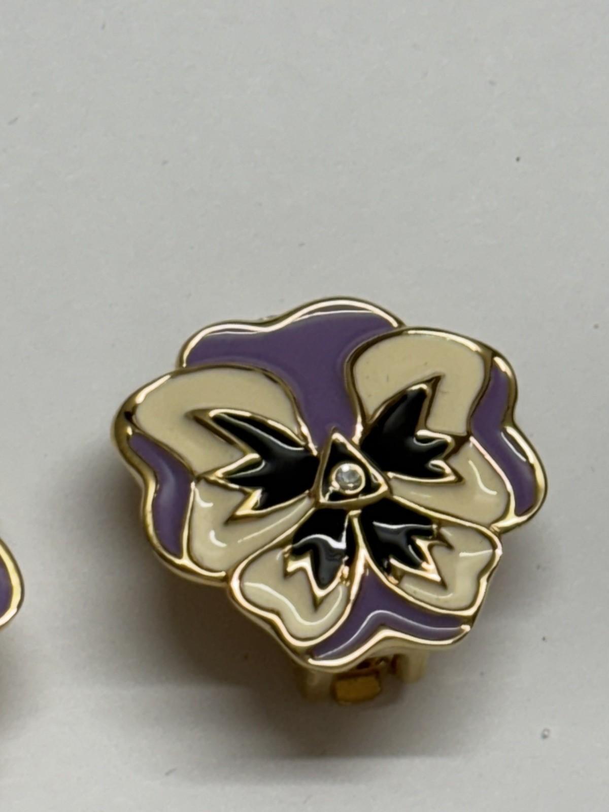 Bob Mackie Clip On Earrings Purple Enamel Pansy Flower Rhinestone