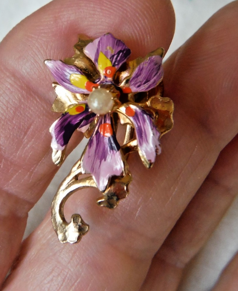 Vintage Set of Enamel Lavender Flower Pin Brooch & Earrings Seed Pearls