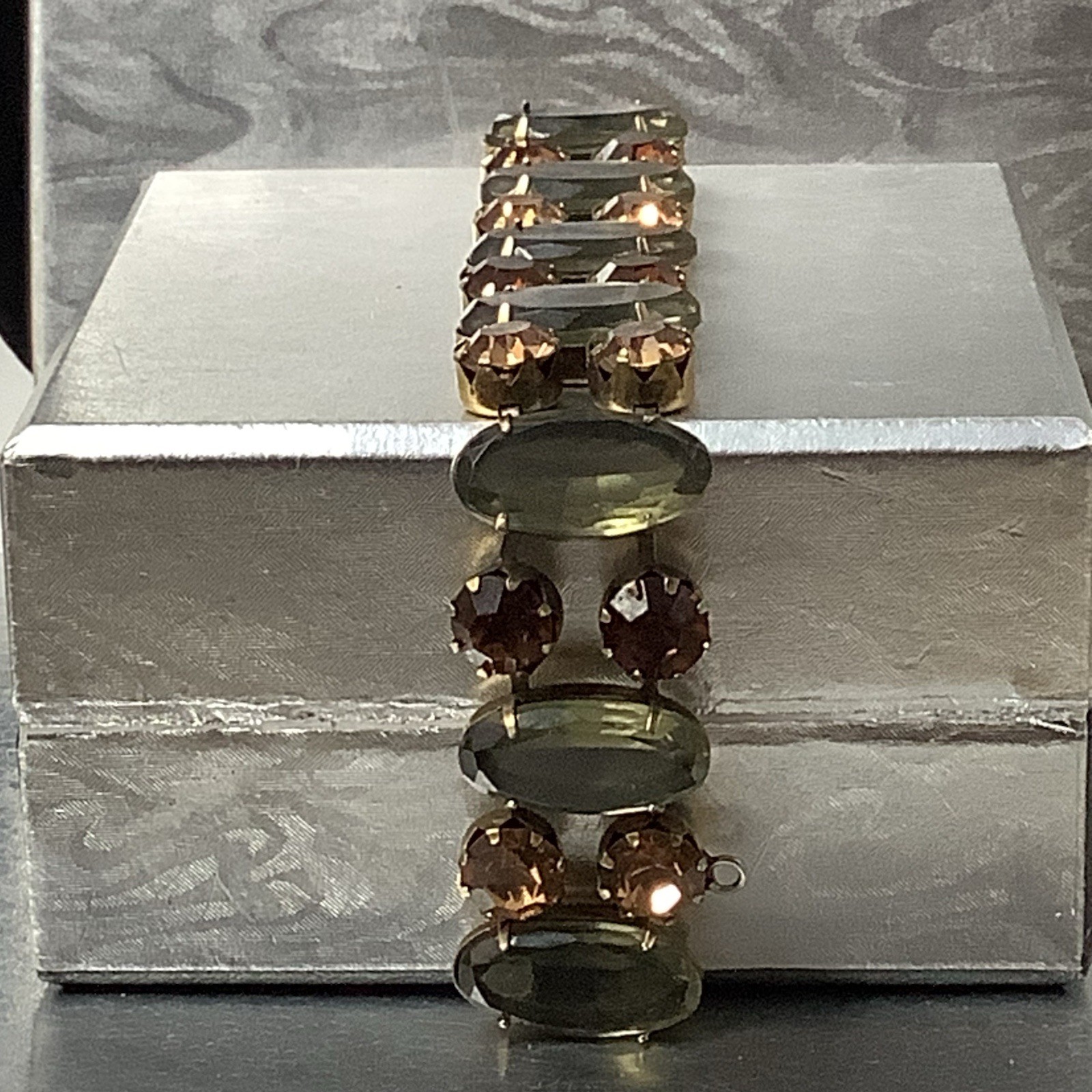 Vintage Signed Regency Golden Brown and Sage Green Crystal Bracelet 7″
