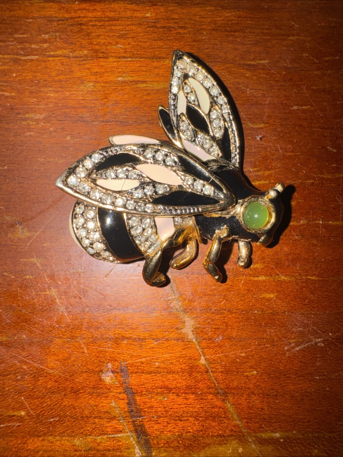 Vintage Kenneth J Lane Bee Brooch Black & White Enamel, Crystals, Green cabochon