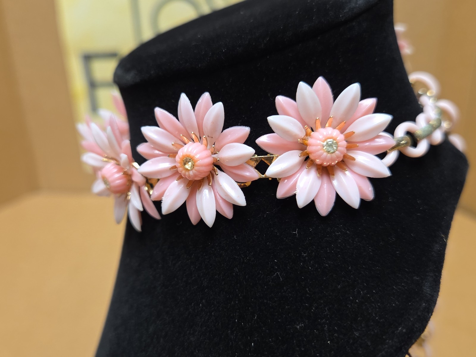 Vtg Coro Pink Plastic Flower Choker Necklace *SEE PICS