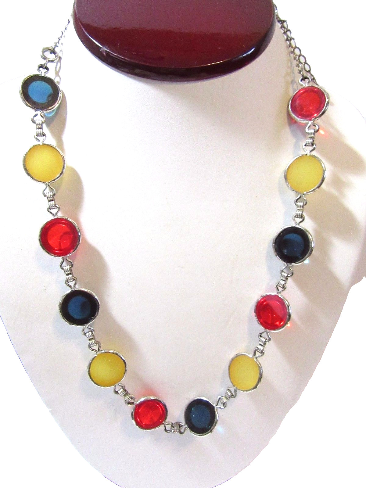 PLASTIC COLORFUL BEZEL SET CABOCHON JEWEL TONES YELLOW BLUE RED CHAIN NECKLACE