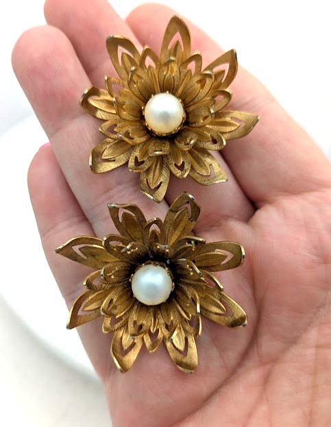 Vintage Flower Brooch Earrings Set EMMONS Gold Tone Faux Pearl Statement