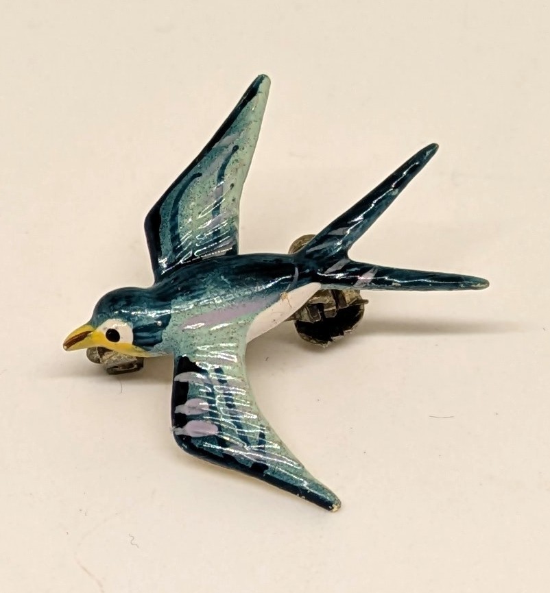 Vintage enamel on metal painted blue bird swallow pin