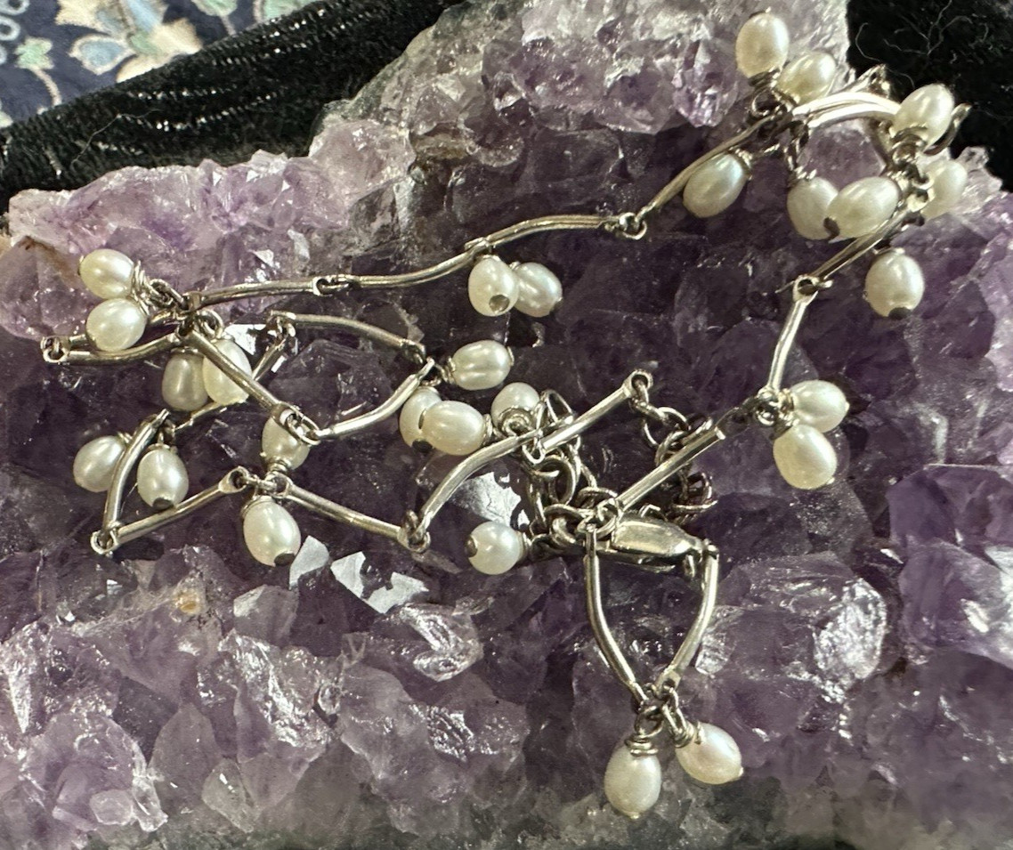 Vintage Sterling Silver Multi Pearl Dangle Bar Link Necklace