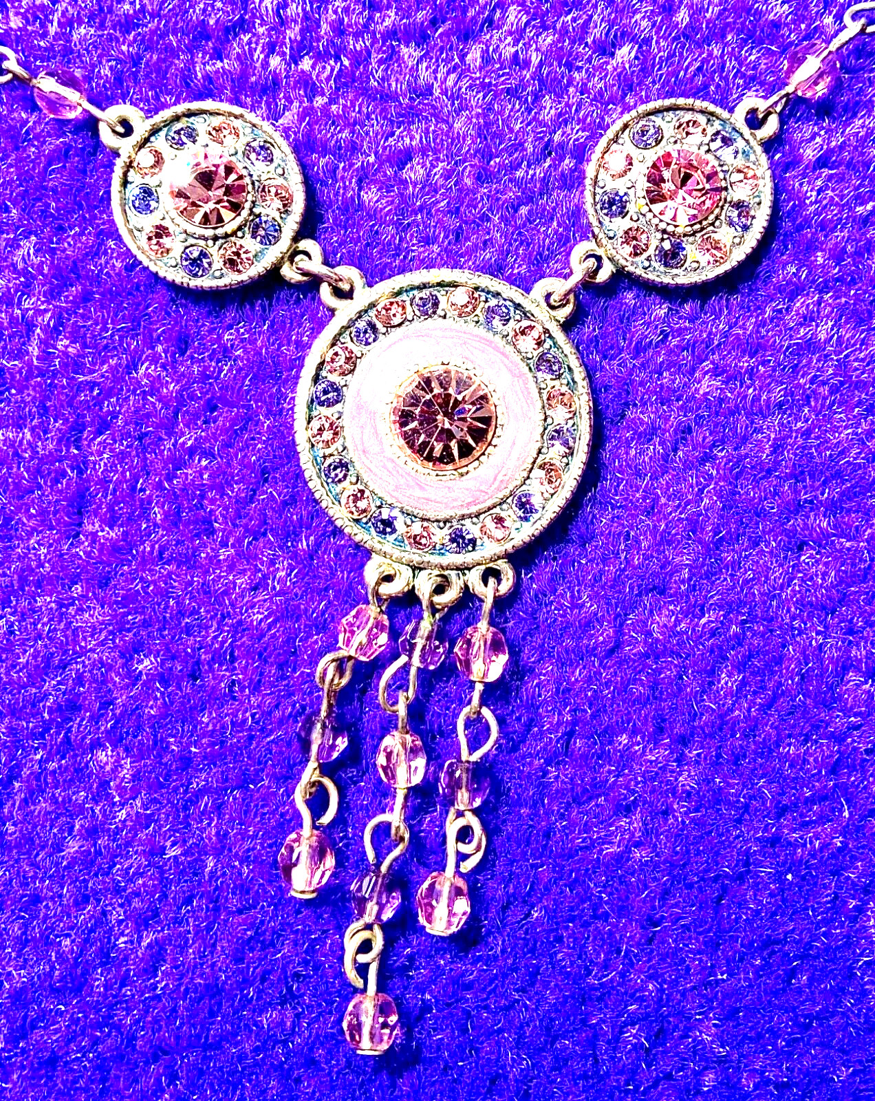 VINTAGE🇺🇸1928 FAIRY FANTASY PURPLE+PINK AUSTRIAN CRYST+ENAMEL NECKLACE VG+✨VTG