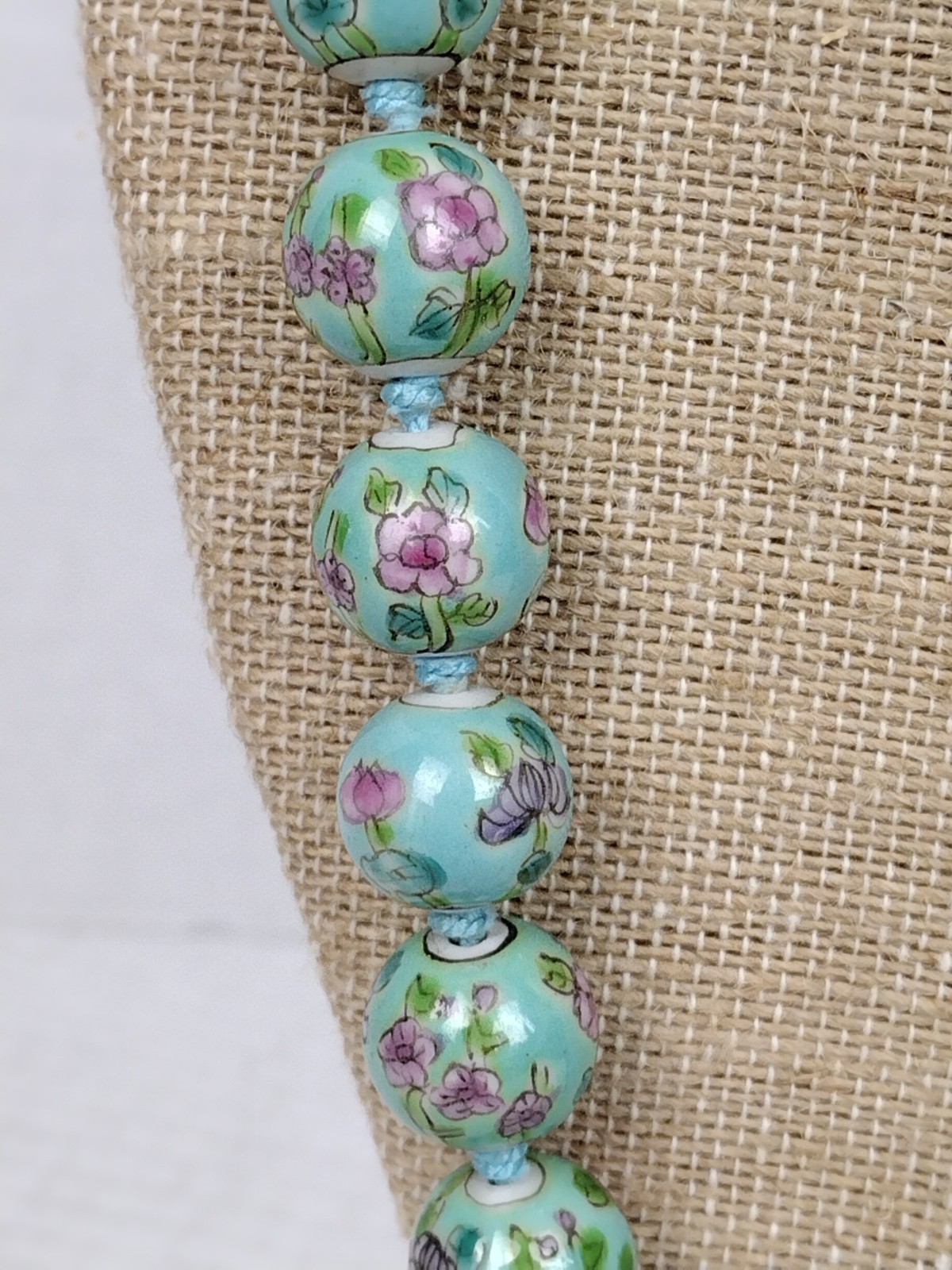 Vintage Chinese CLOISONNE Blue Pink Enamel Bead Necklace Hand Knotted