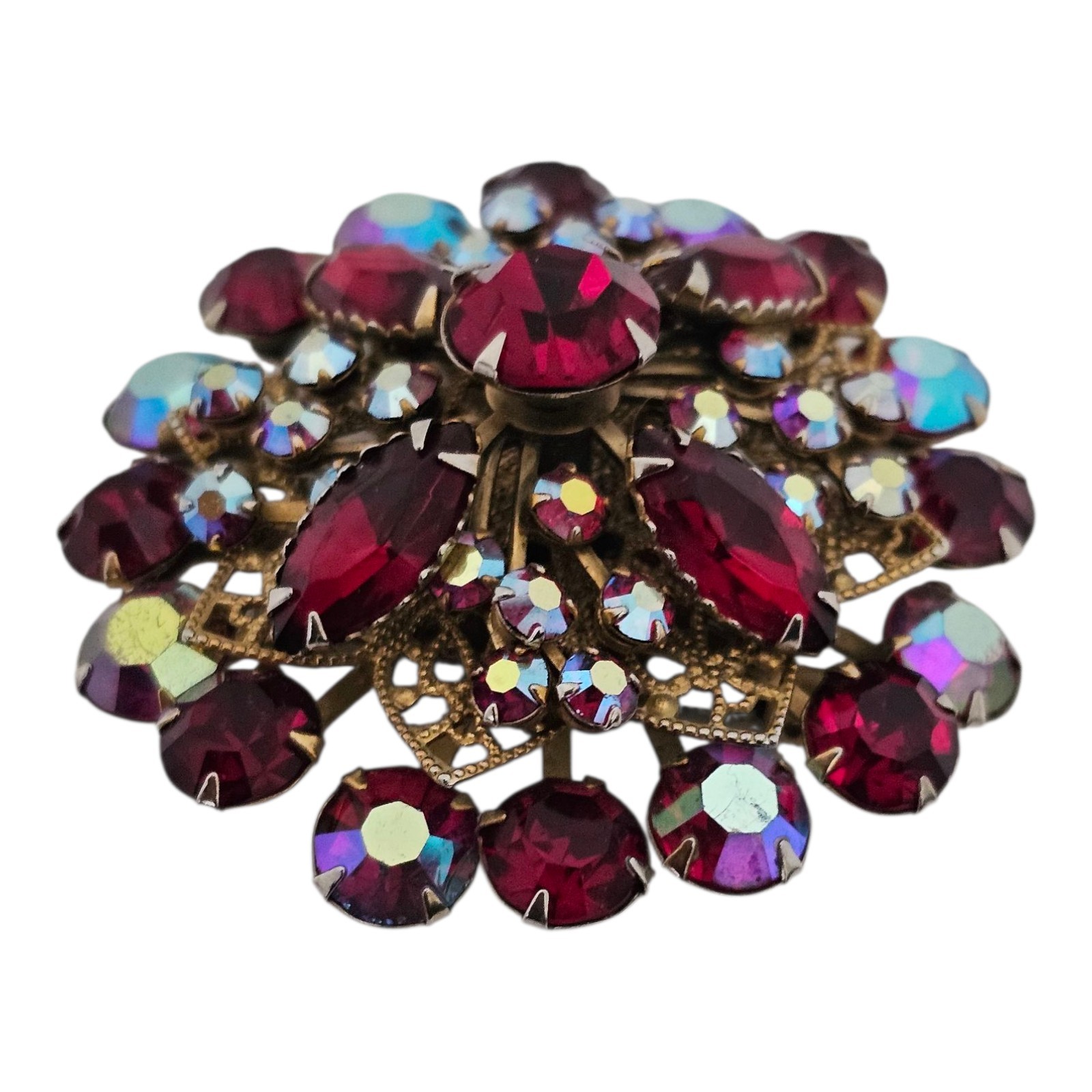 Vintage Red Irredescent Rhinestone Crystal Brooch Large MCM
