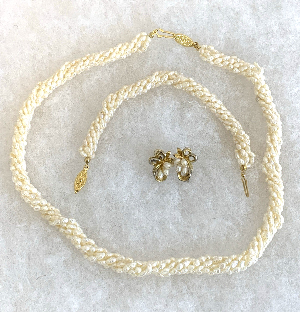 Vintage Seed Pearl Necklace Bracelet Earrings Set Gold Tone Bridal Wedding