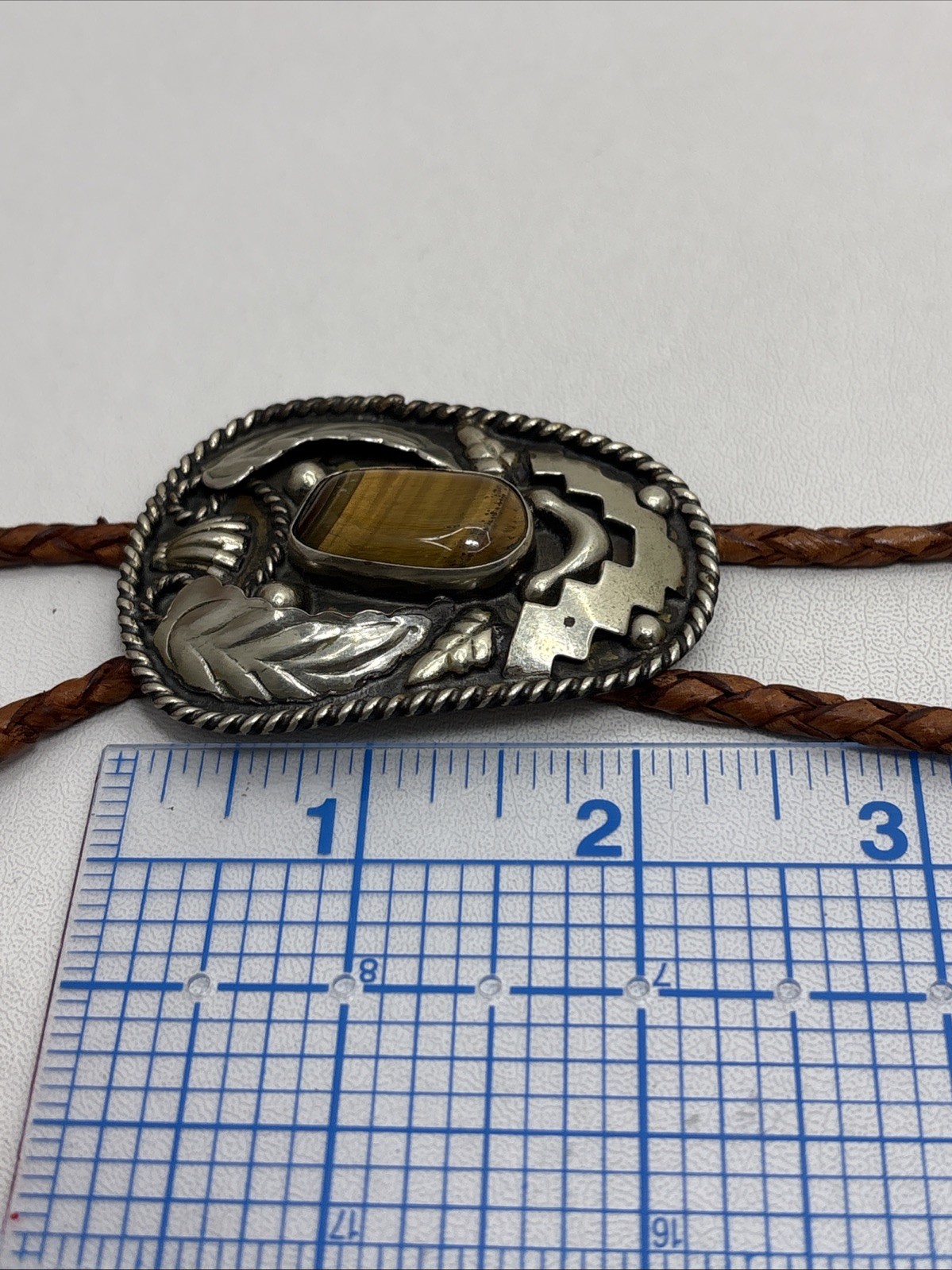 Vintage Tooled Alpaca Silver Tiger’s Eye Bolo Tie Braided Leather Southwestern