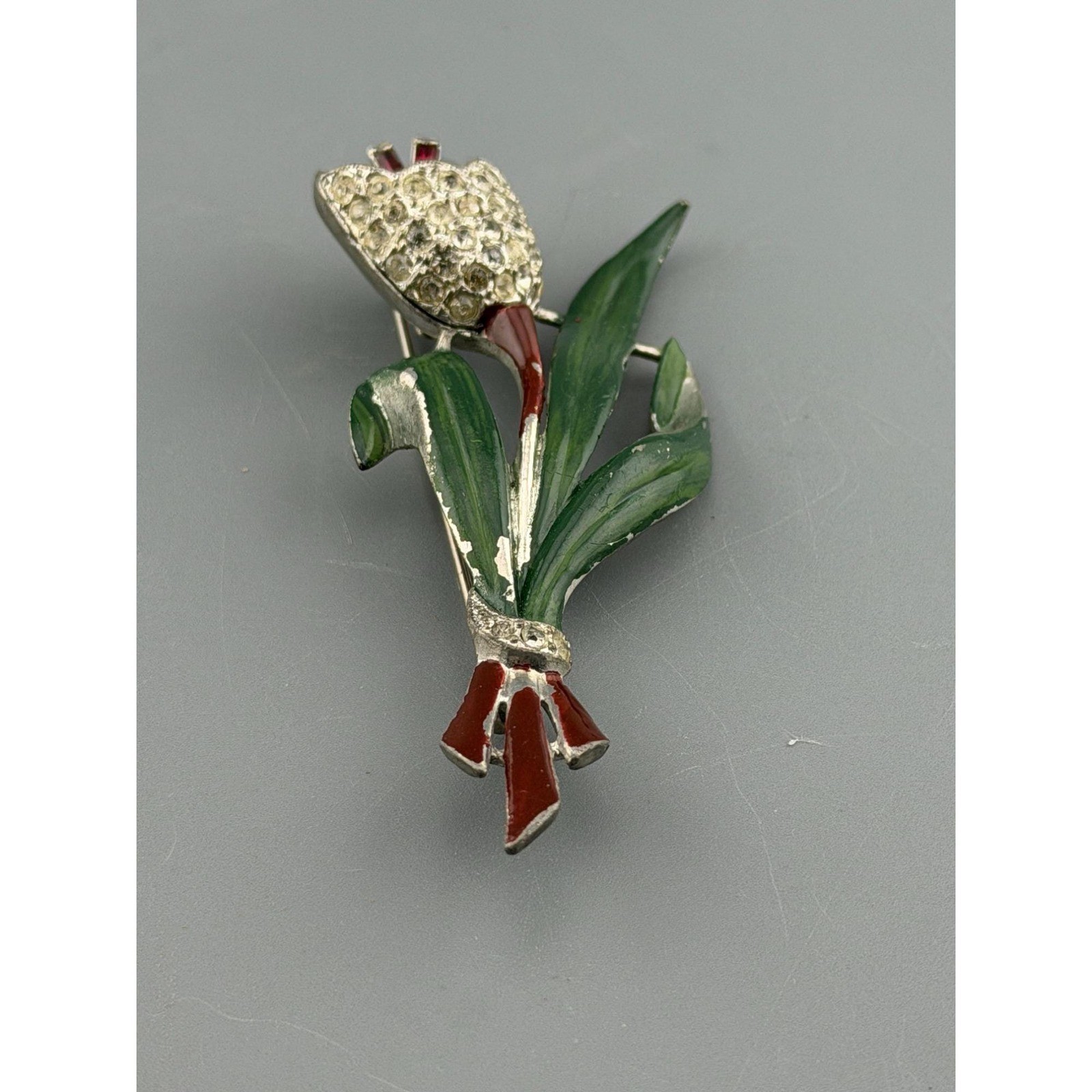 Vintage Coro Brooch Adolph Katz Trembler Tulip Flower Rhinestone Pot Metal